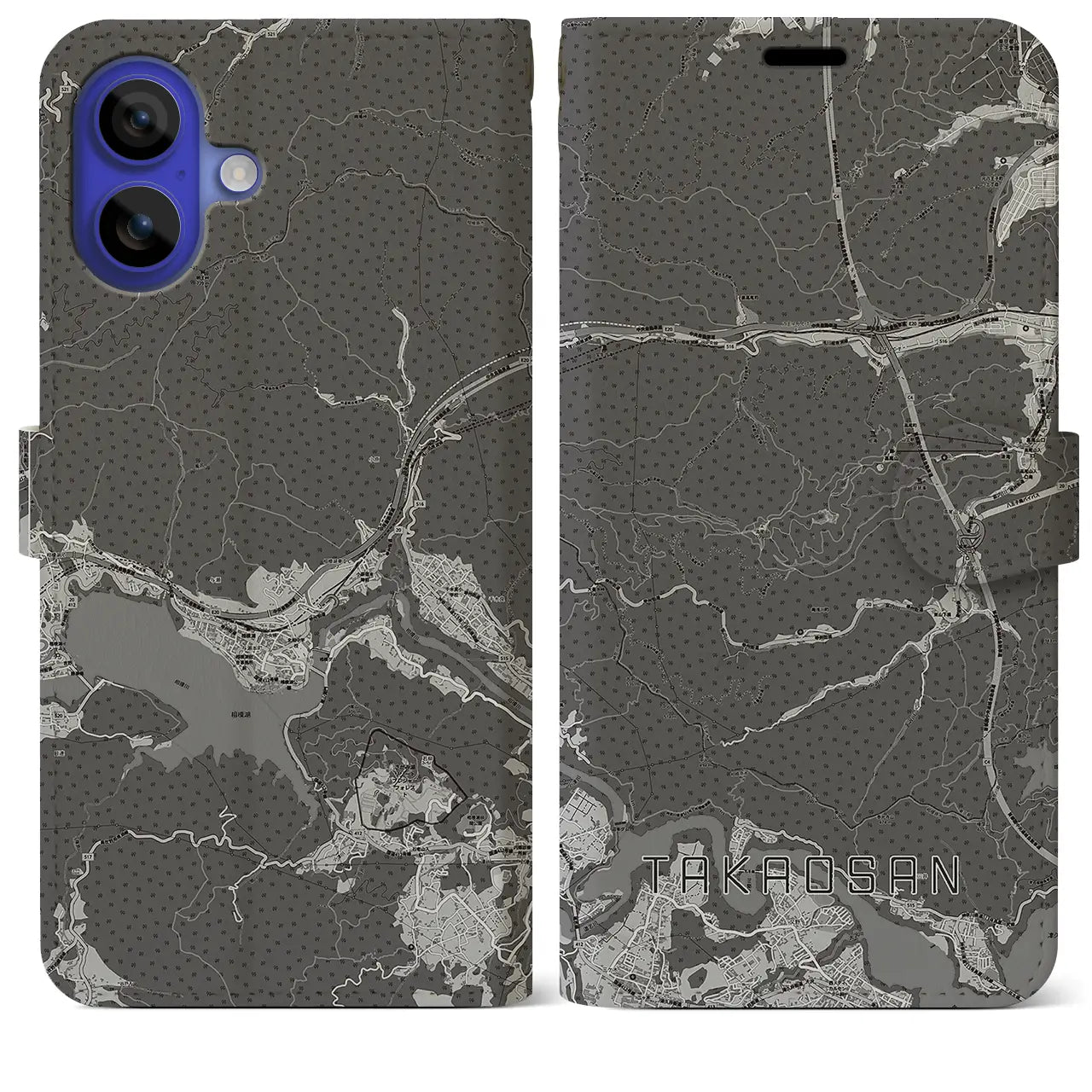 【高尾山(東京都)】地図柄iPhoneケース(手帳タイプ)モノトーン・iPhone 16 Pro Max 用