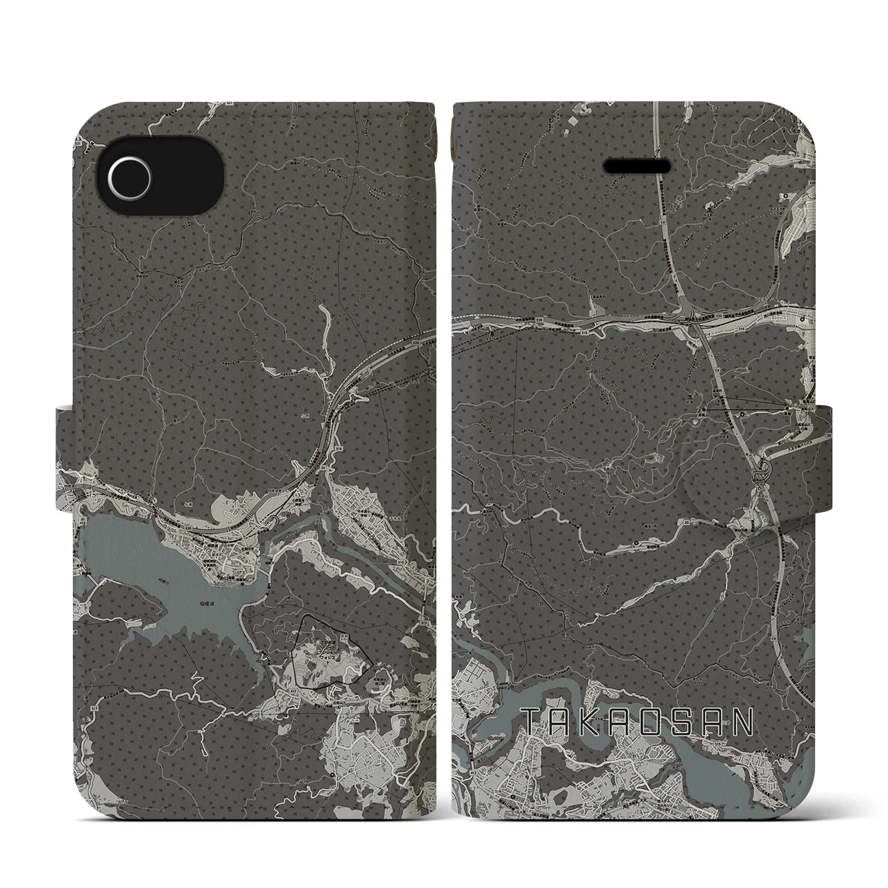 【高尾山(東京都)】地図柄iPhoneケース(手帳タイプ)モノトーン・iPhone SE(第3 / 第2世代) / 8 / 7 / 6s / 6 用