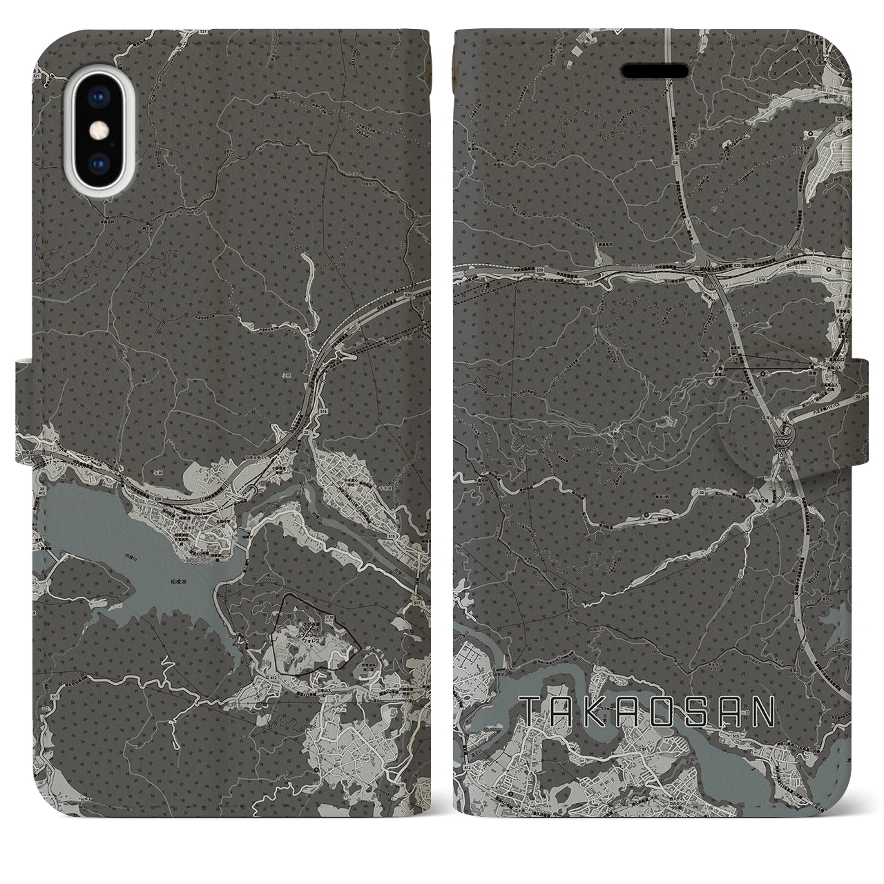 【高尾山(東京都)】地図柄iPhoneケース(手帳タイプ)モノトーン・iPhone XS Max 用