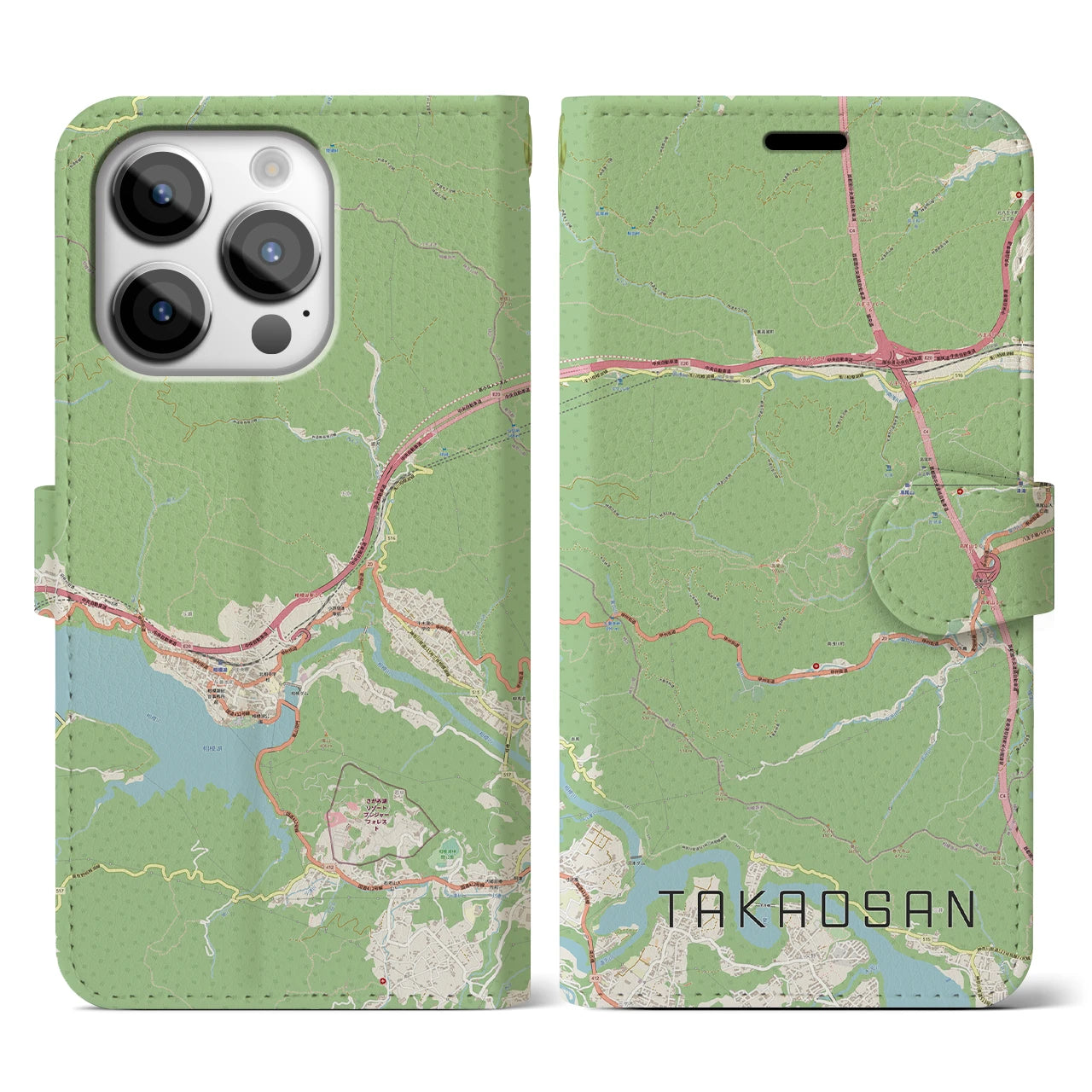 【高尾山(東京都)】地図柄iPhoneケース(手帳タイプ)ナチュラル・iPhone 14 Pro 用