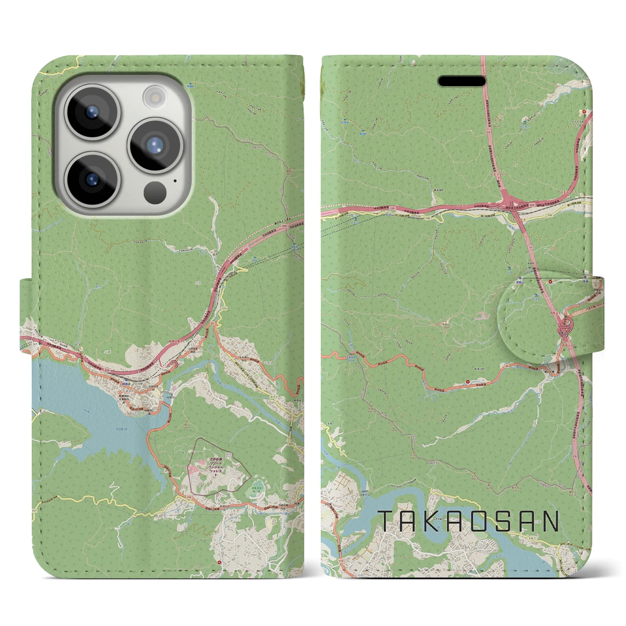【高尾山(東京都)】地図柄iPhoneケース(手帳タイプ)ナチュラル・iPhone 15 Pro 用