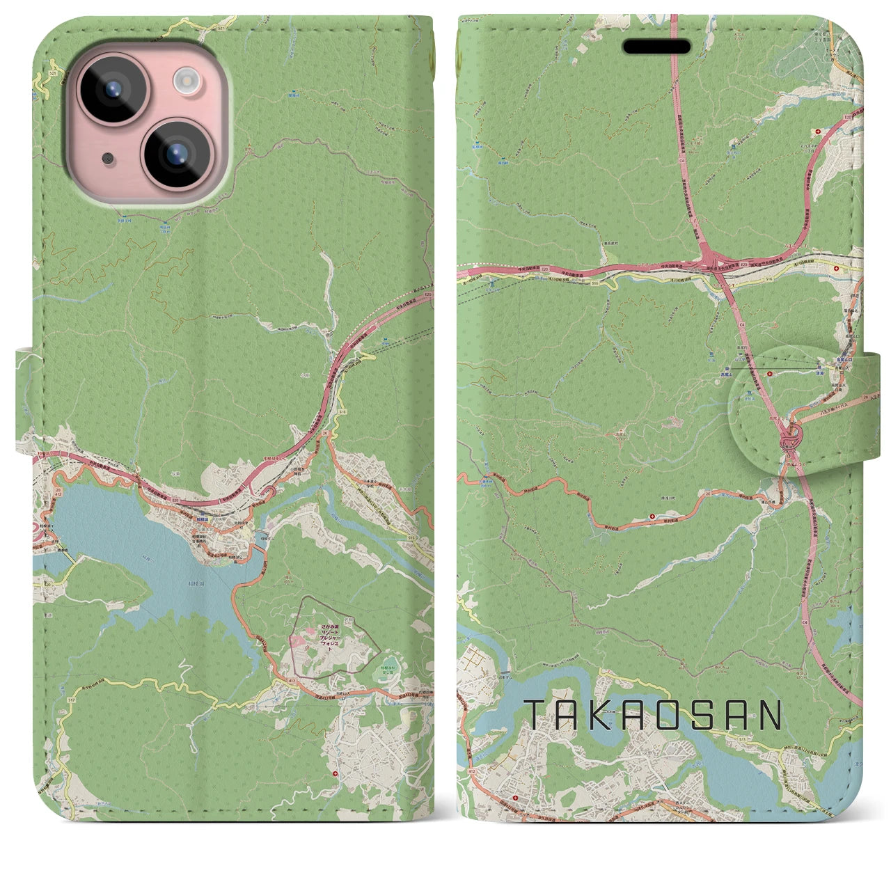 【高尾山(東京都)】地図柄iPhoneケース(手帳タイプ)ナチュラル・iPhone 15 Plus 用