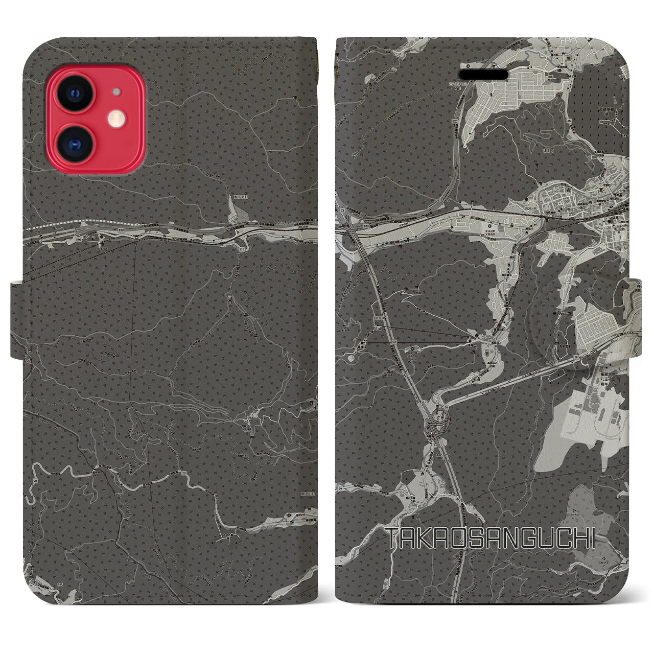 【高尾山口(東京都)】地図柄iPhoneケース(手帳タイプ)モノトーン・iPhone 11 用