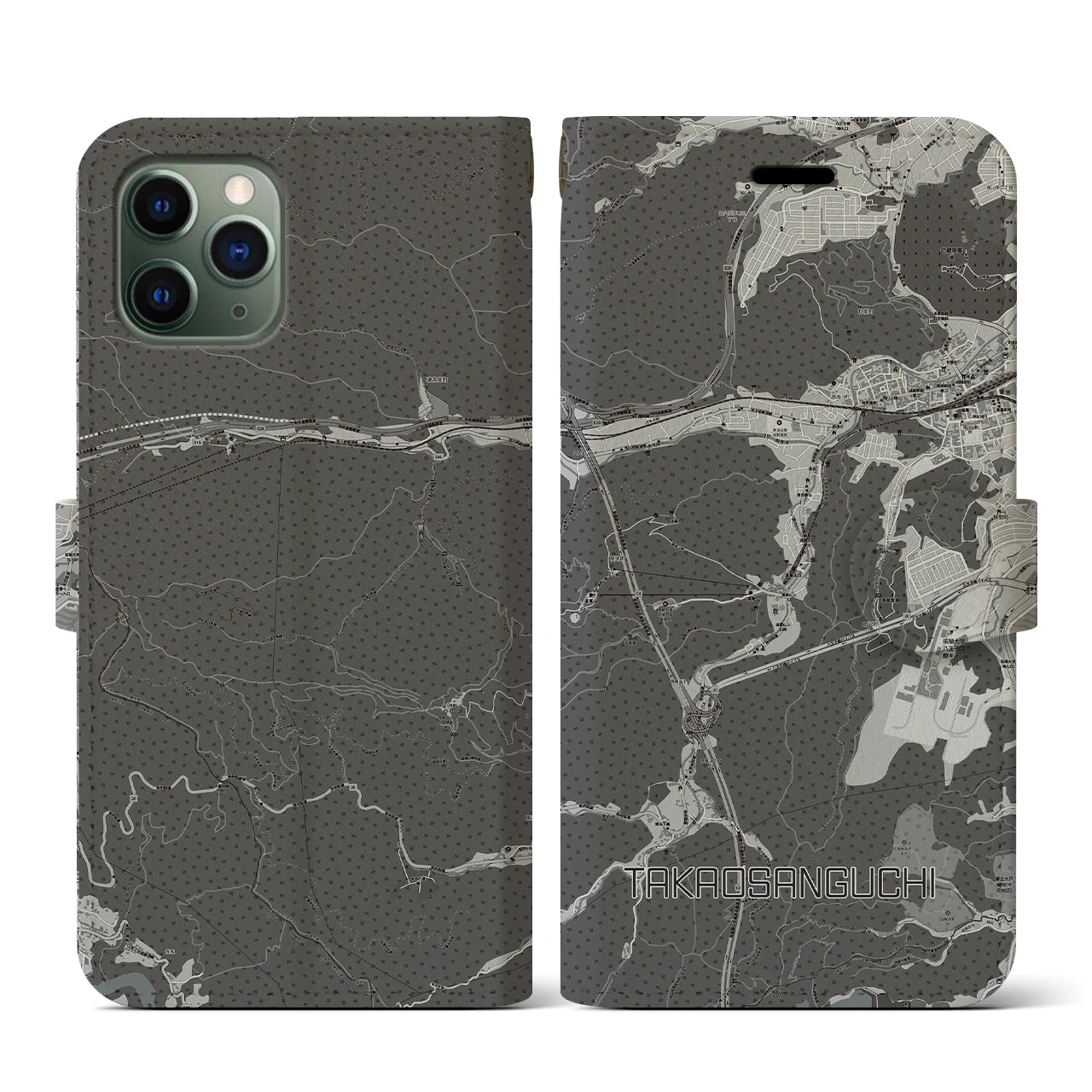 【高尾山口(東京都)】地図柄iPhoneケース(手帳タイプ)モノトーン・iPhone 11 Pro 用