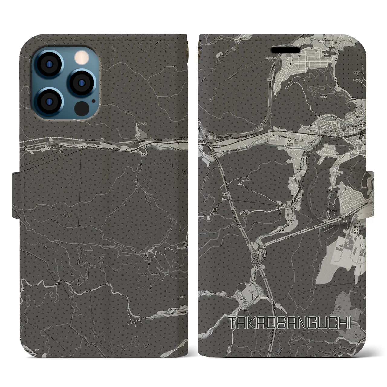 【高尾山口(東京都)】地図柄iPhoneケース(手帳タイプ)モノトーン・iPhone 12 / 12 Pro 用