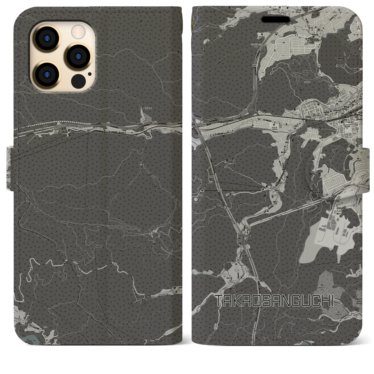 【高尾山口(東京都)】地図柄iPhoneケース(手帳タイプ)モノトーン・iPhone 12 Pro Max 用
