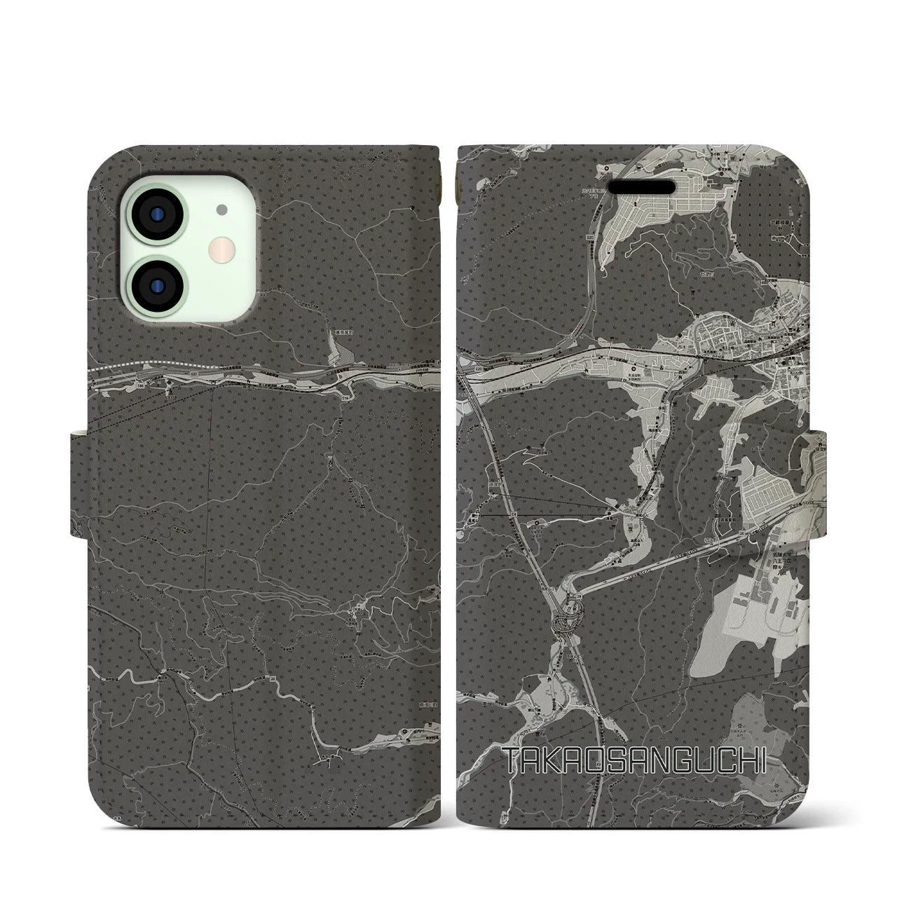 【高尾山口(東京都)】地図柄iPhoneケース(手帳タイプ)モノトーン・iPhone 12 mini 用