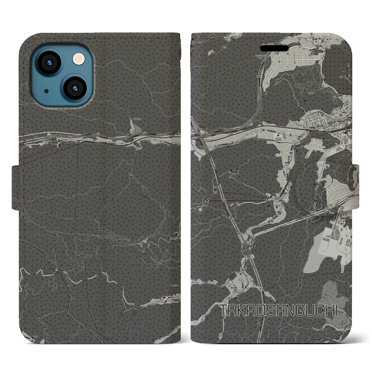 【高尾山口(東京都)】地図柄iPhoneケース(手帳タイプ)モノトーン・iPhone 13 用