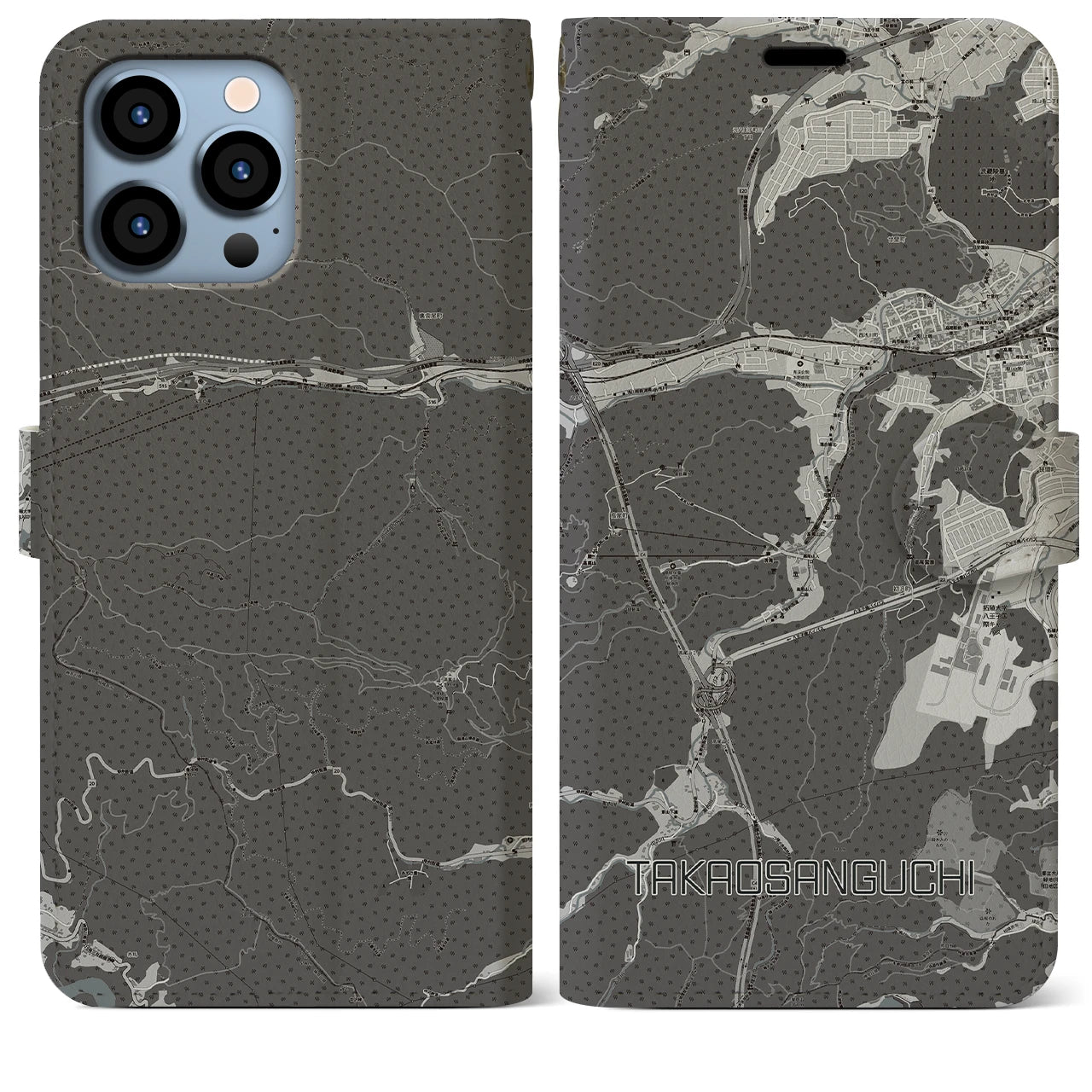 【高尾山口(東京都)】地図柄iPhoneケース(手帳タイプ)モノトーン・iPhone 13 Pro Max 用