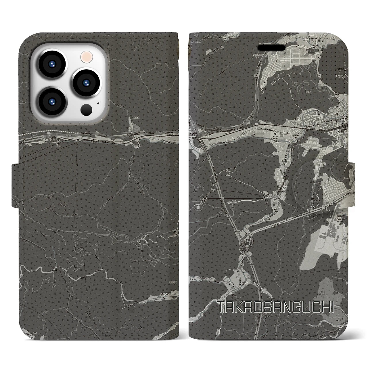 【高尾山口(東京都)】地図柄iPhoneケース(手帳タイプ)モノトーン・iPhone 13 Pro 用