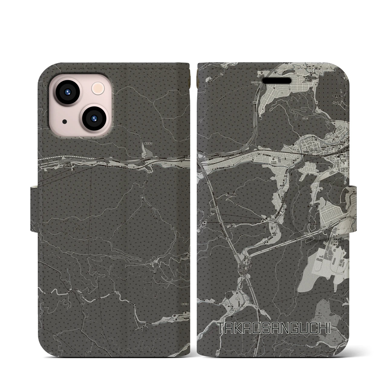 【高尾山口(東京都)】地図柄iPhoneケース(手帳タイプ)モノトーン・iPhone 13 mini 用