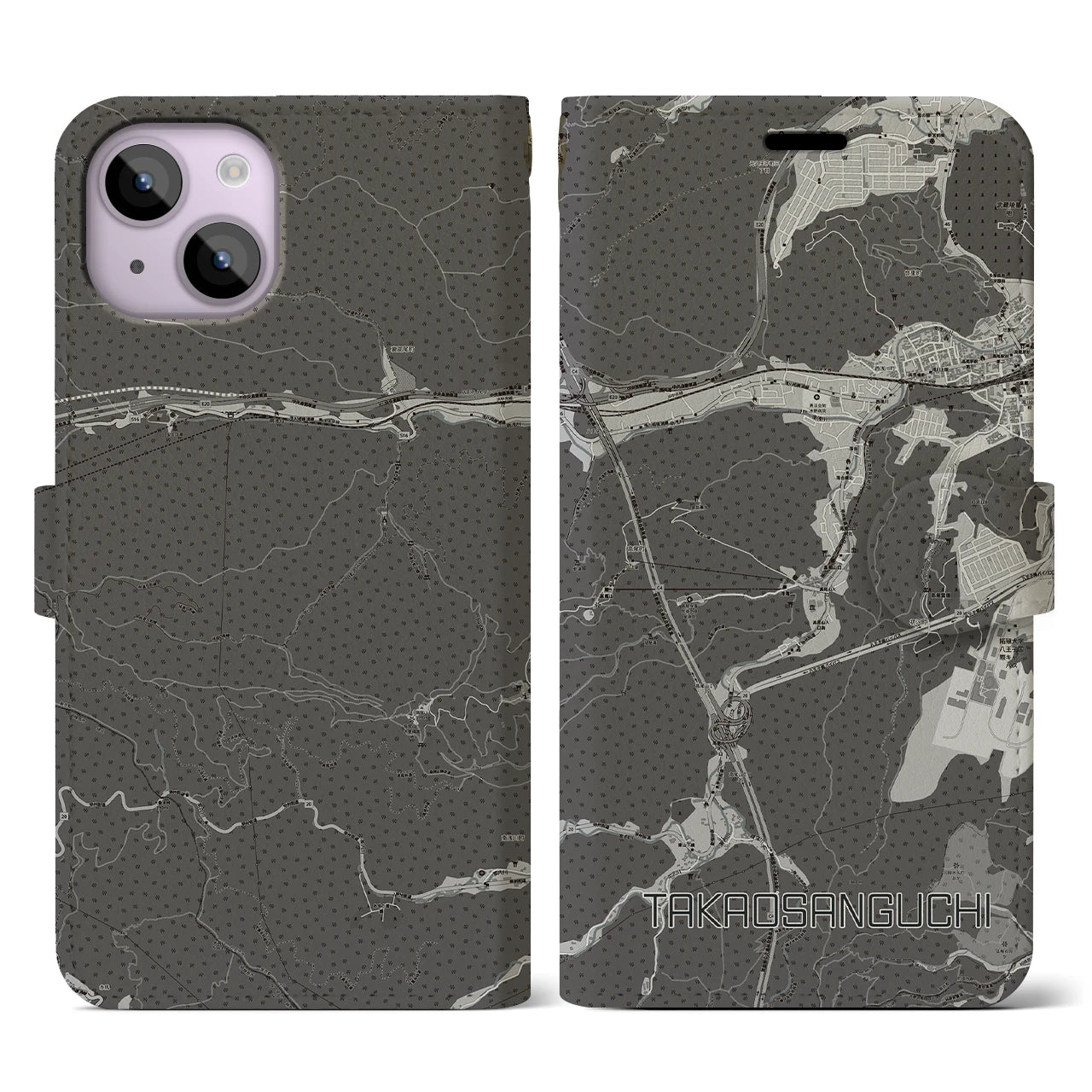 【高尾山口(東京都)】地図柄iPhoneケース(手帳タイプ)モノトーン・iPhone 14 用