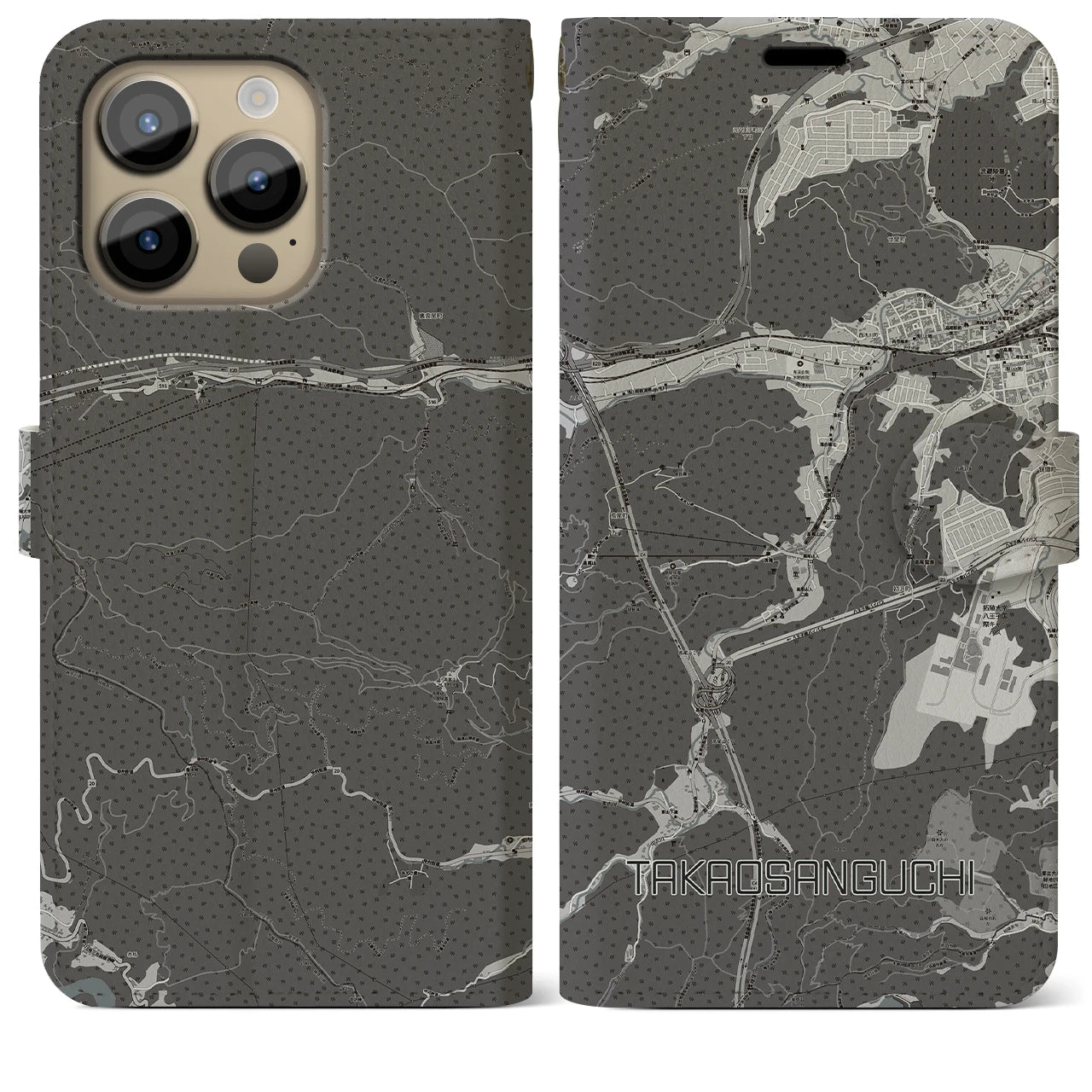 【高尾山口(東京都)】地図柄iPhoneケース(手帳タイプ)モノトーン・iPhone 14 Pro Max 用