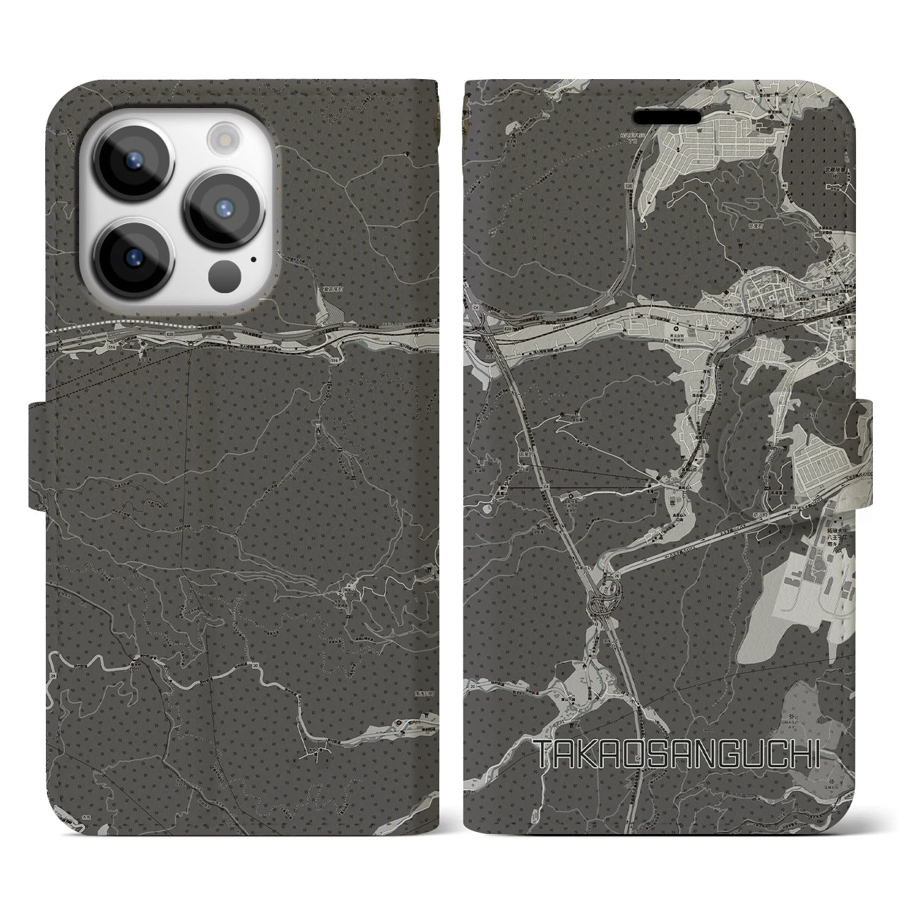 【高尾山口(東京都)】地図柄iPhoneケース(手帳タイプ)モノトーン・iPhone 14 Pro 用