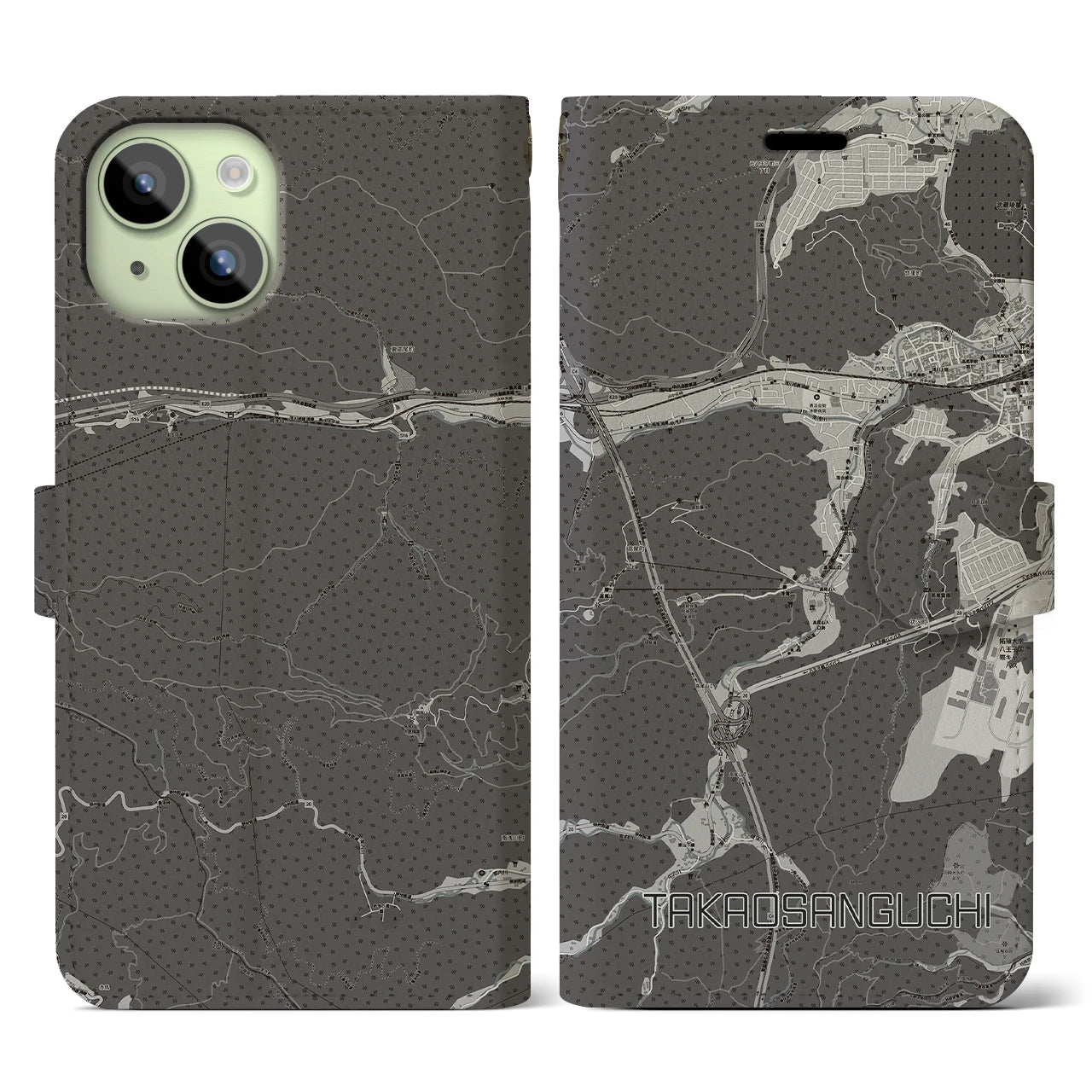 【高尾山口(東京都)】地図柄iPhoneケース(手帳タイプ)モノトーン・iPhone 15 用