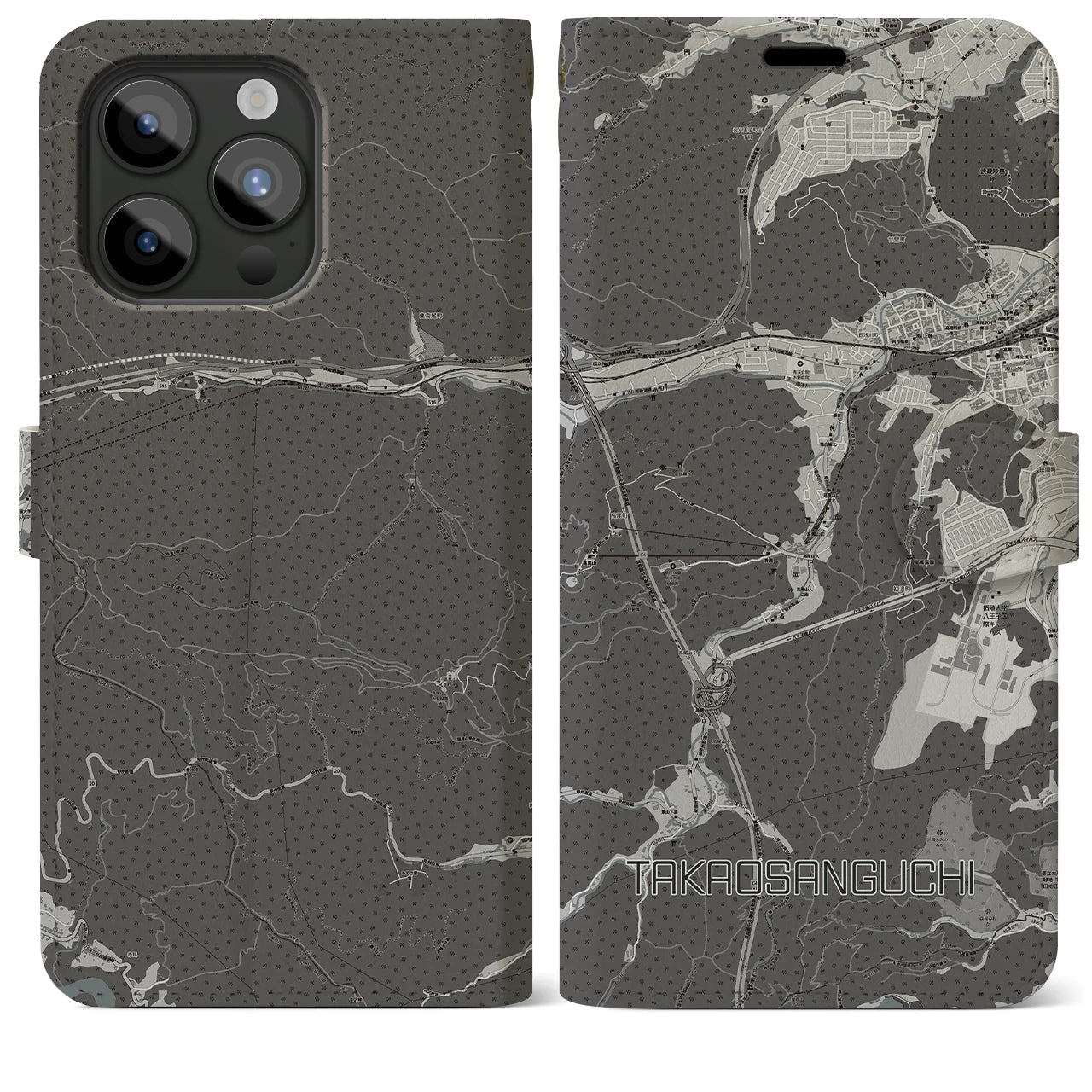 【高尾山口(東京都)】地図柄iPhoneケース(手帳タイプ)モノトーン・iPhone 15 Pro Max 用