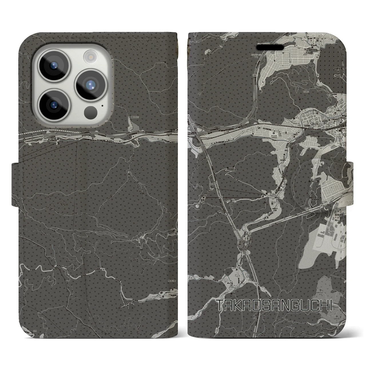 【高尾山口(東京都)】地図柄iPhoneケース(手帳タイプ)モノトーン・iPhone 15 Pro 用
