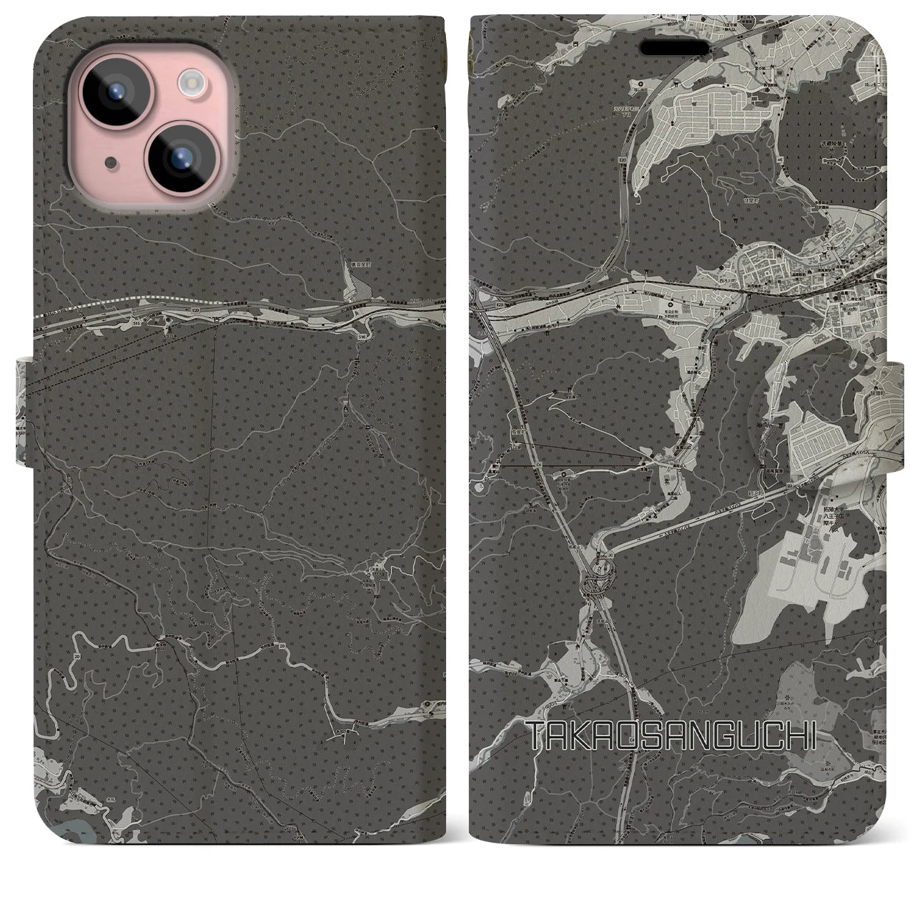 【高尾山口(東京都)】地図柄iPhoneケース(手帳タイプ)モノトーン・iPhone 15 Plus 用