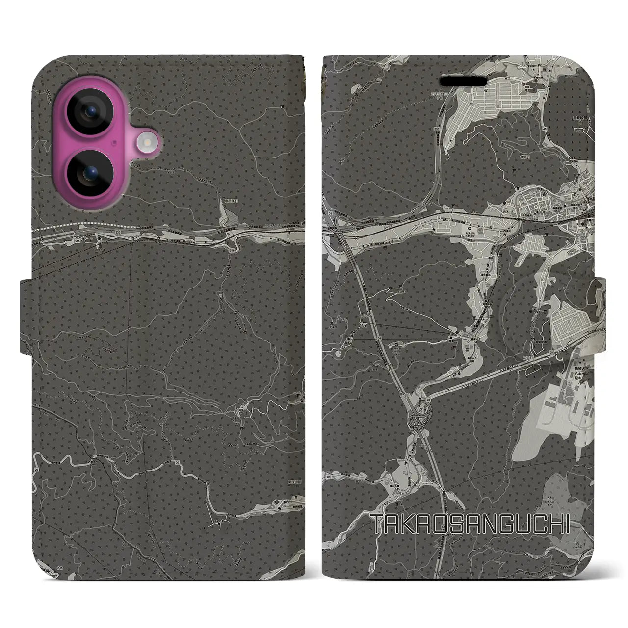 【高尾山口(東京都)】地図柄iPhoneケース(手帳タイプ)モノトーン・iPhone 16 Pro 用