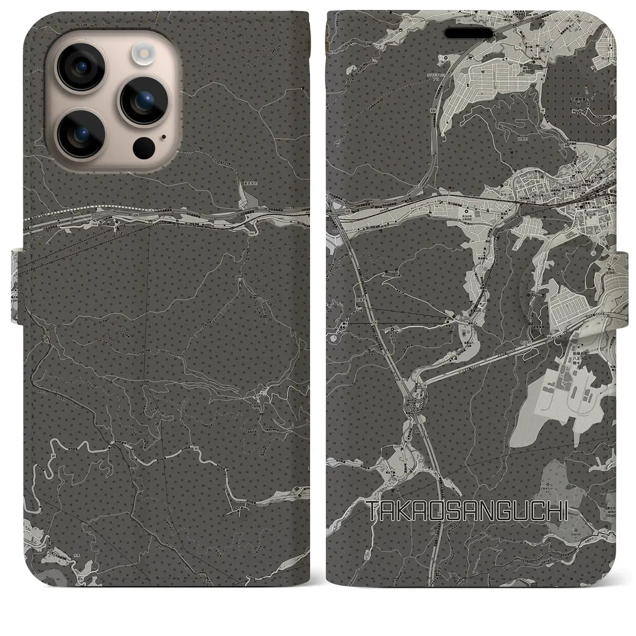 【高尾山口(東京都)】地図柄iPhoneケース(手帳タイプ)モノトーン・iPhone 16 Plus 用