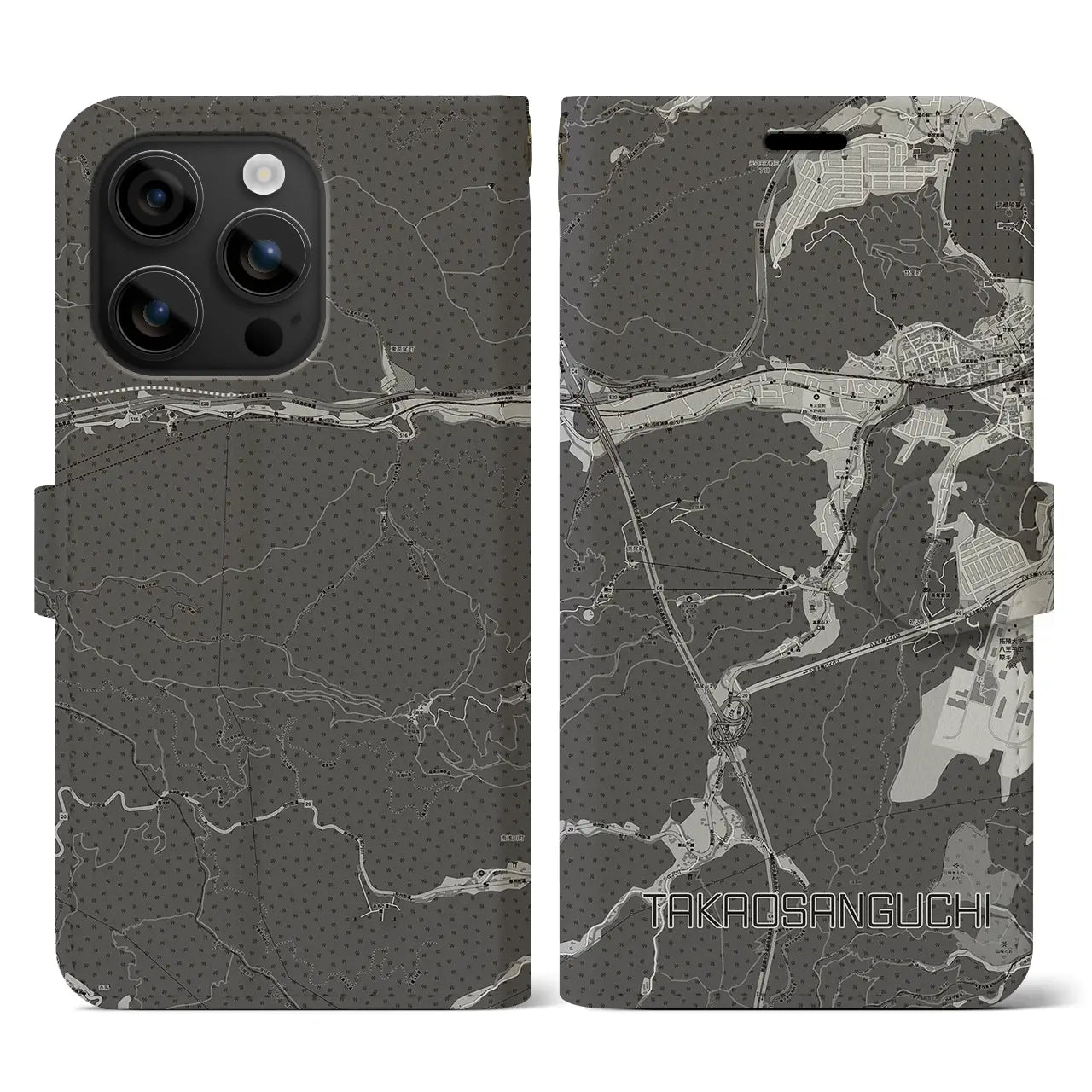 【高尾山口(東京都)】地図柄iPhoneケース(手帳タイプ)モノトーン・iPhone 16 用