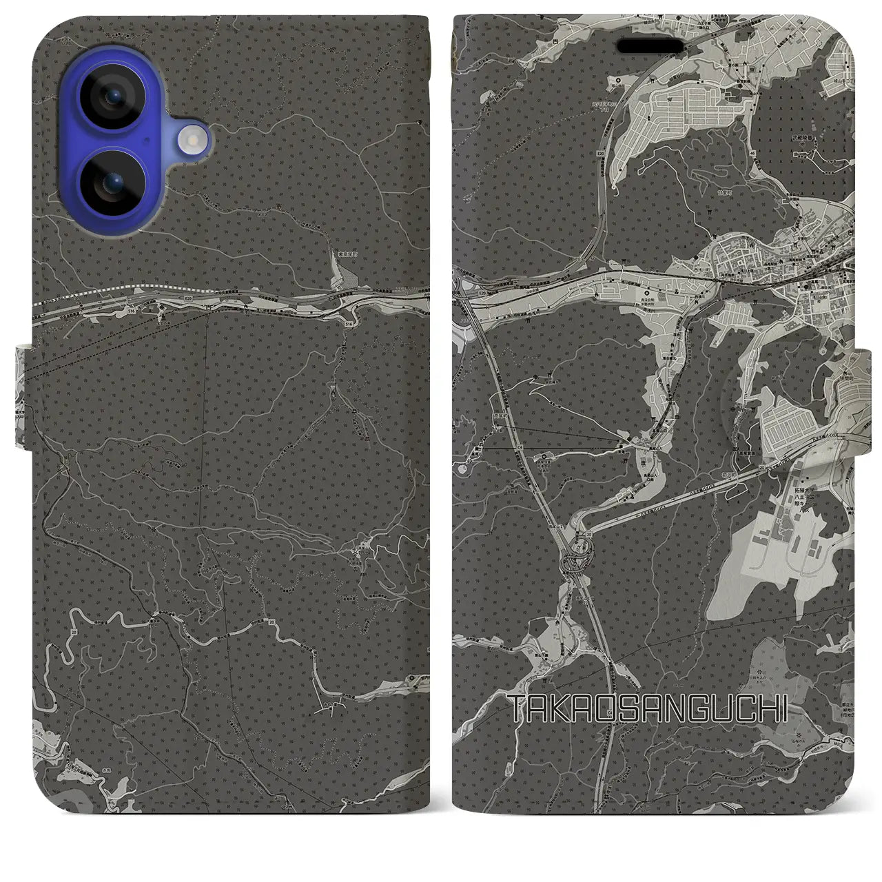 【高尾山口(東京都)】地図柄iPhoneケース(手帳タイプ)モノトーン・iPhone 16 Pro Max 用