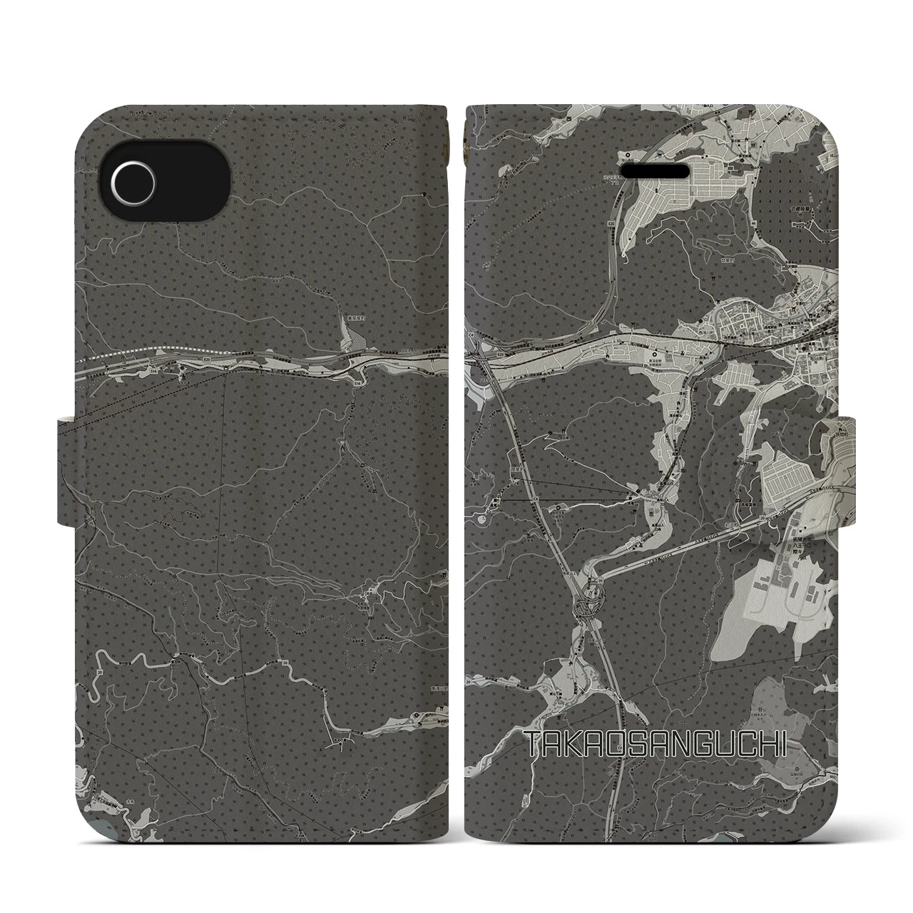 【高尾山口(東京都)】地図柄iPhoneケース(手帳タイプ)モノトーン・iPhone SE(第3 / 第2世代) / 8 / 7 / 6s / 6 用