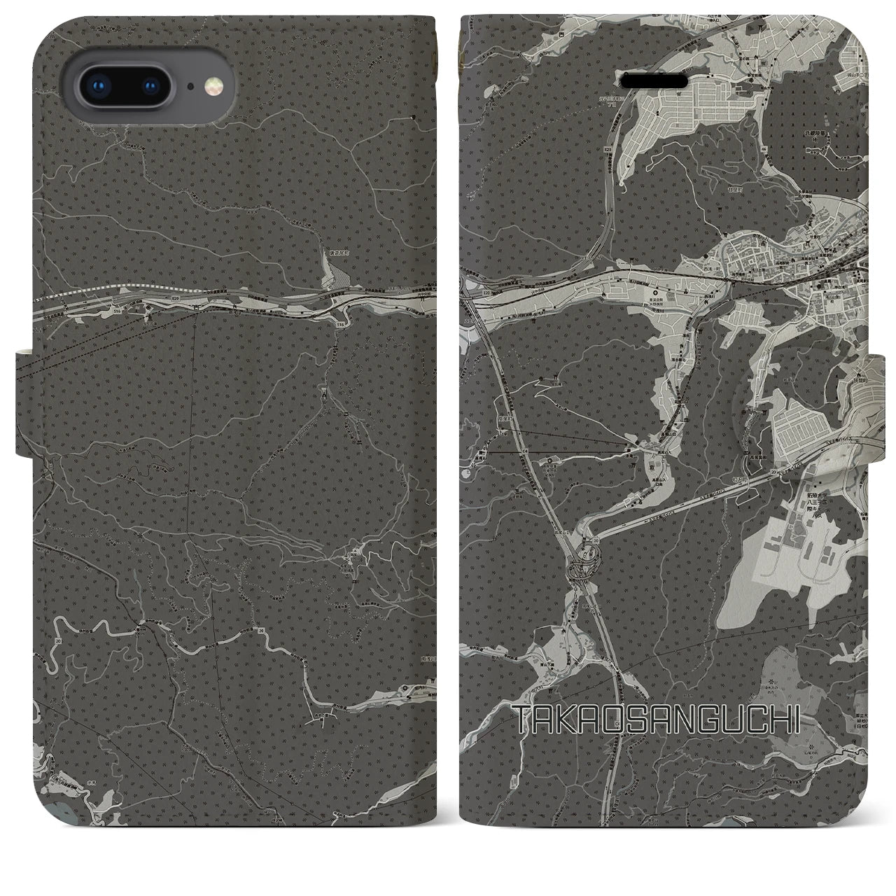 【高尾山口(東京都)】地図柄iPhoneケース(手帳タイプ)モノトーン・iPhone 8Plus /7Plus / 6sPlus / 6Plus 用