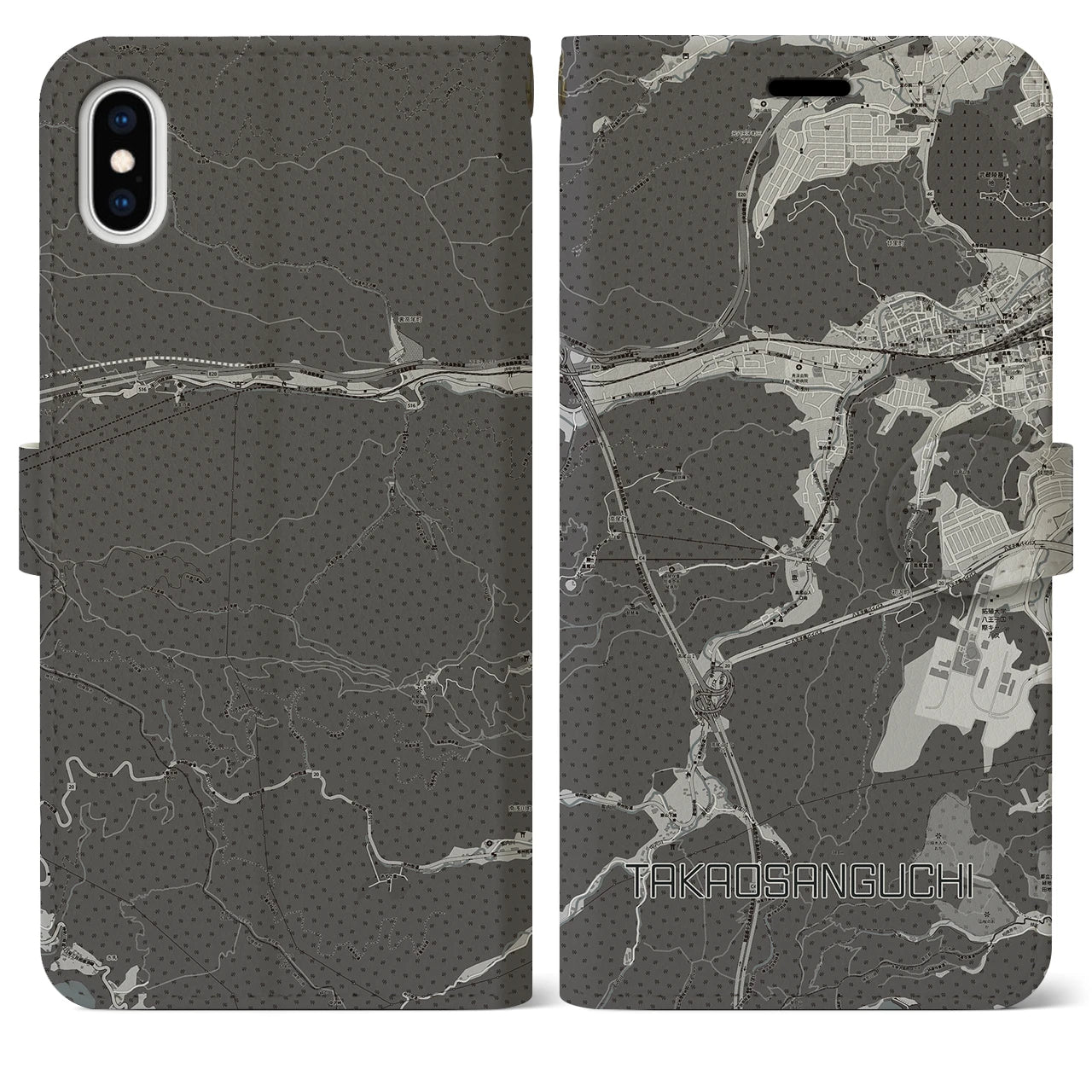 【高尾山口(東京都)】地図柄iPhoneケース(手帳タイプ)モノトーン・iPhone XS Max 用