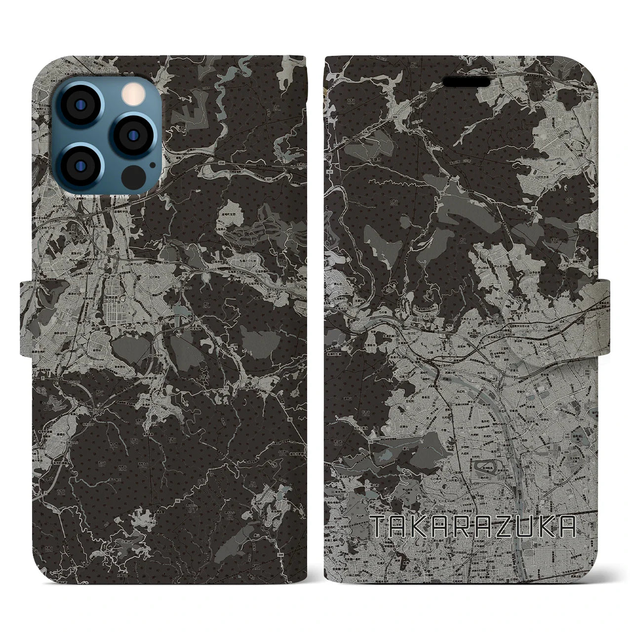 【宝塚(兵庫県)】地図柄iPhoneケース(手帳タイプ)モノトーン・iPhone 12 / 12 Pro 用