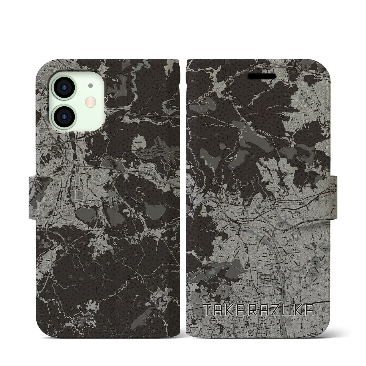 【宝塚(兵庫県)】地図柄iPhoneケース(手帳タイプ)モノトーン・iPhone 12 mini 用