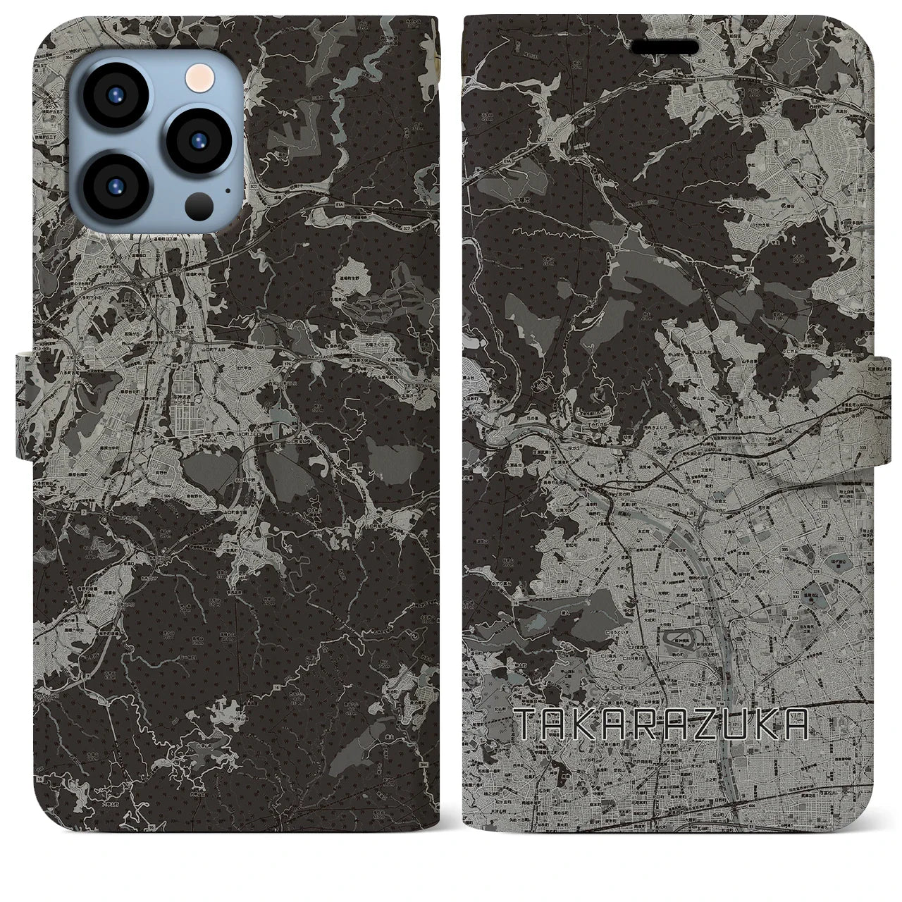 【宝塚(兵庫県)】地図柄iPhoneケース(手帳タイプ)モノトーン・iPhone 13 Pro Max 用