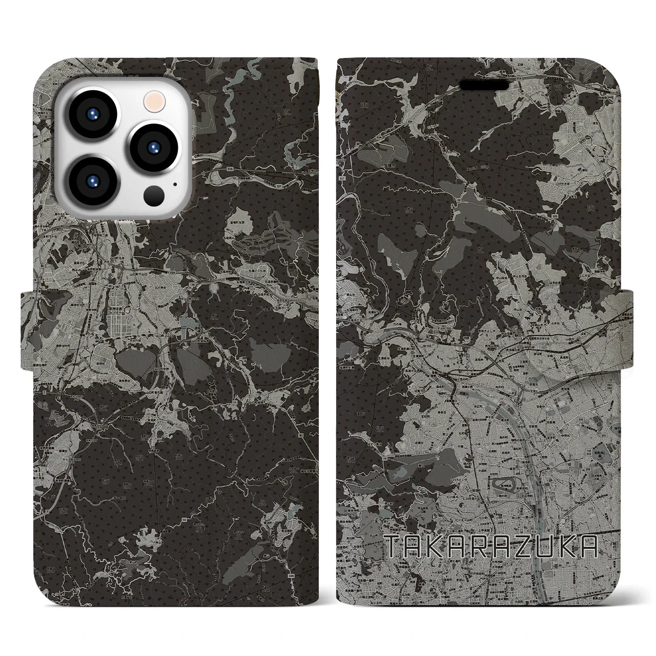 【宝塚(兵庫県)】地図柄iPhoneケース(手帳タイプ)モノトーン・iPhone 13 Pro 用