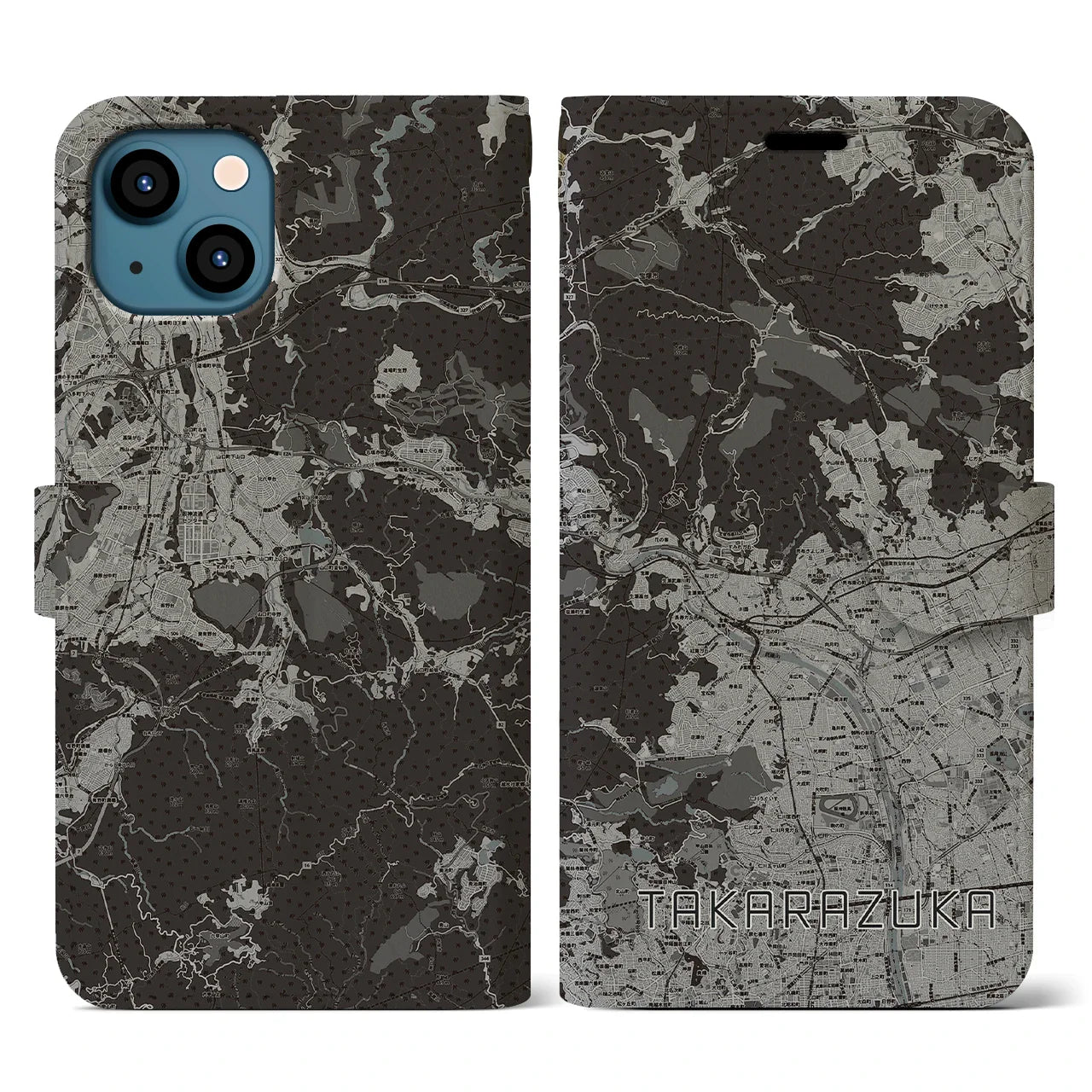 【宝塚(兵庫県)】地図柄iPhoneケース(手帳タイプ)モノトーン・iPhone 13 用
