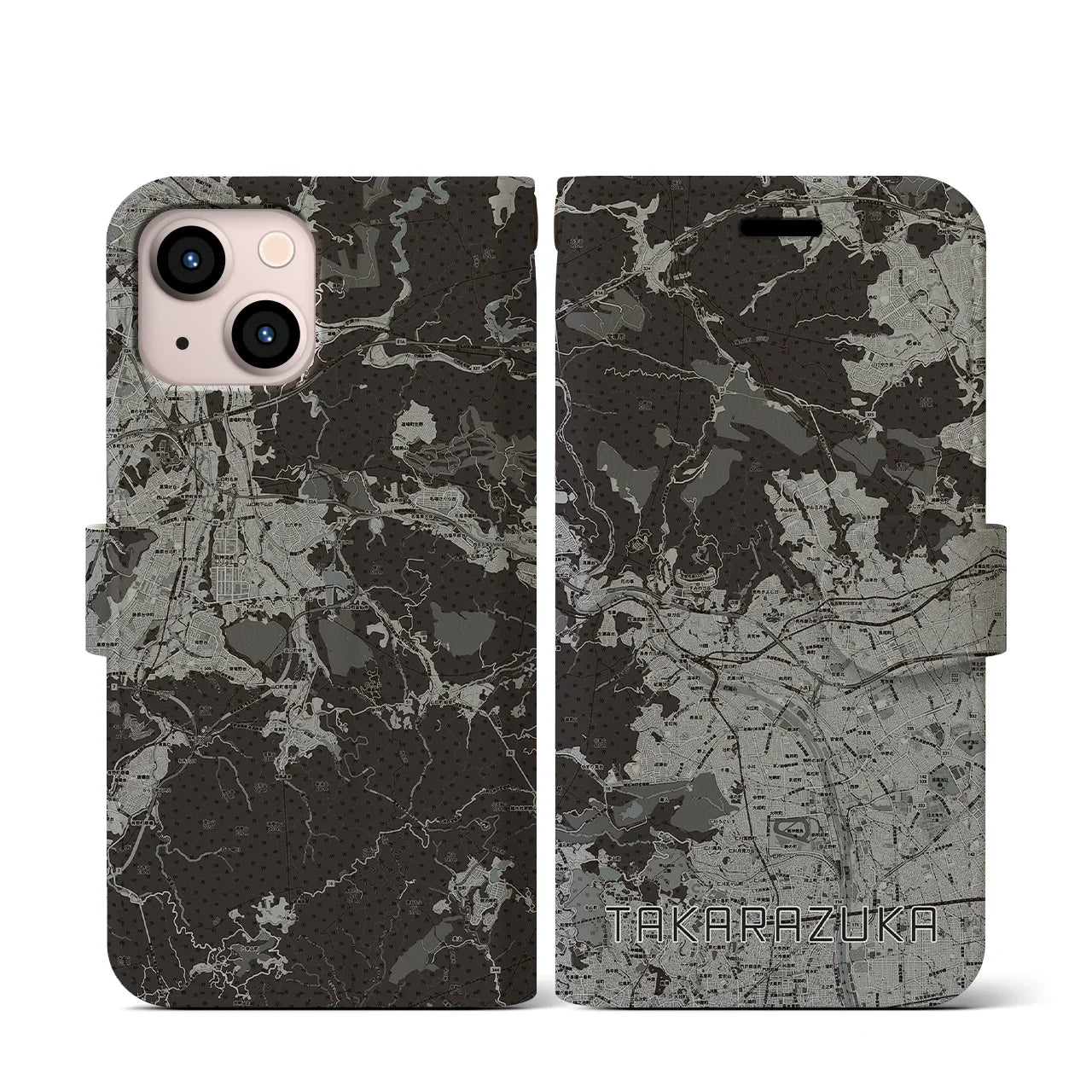 【宝塚(兵庫県)】地図柄iPhoneケース(手帳タイプ)モノトーン・iPhone 13 mini 用