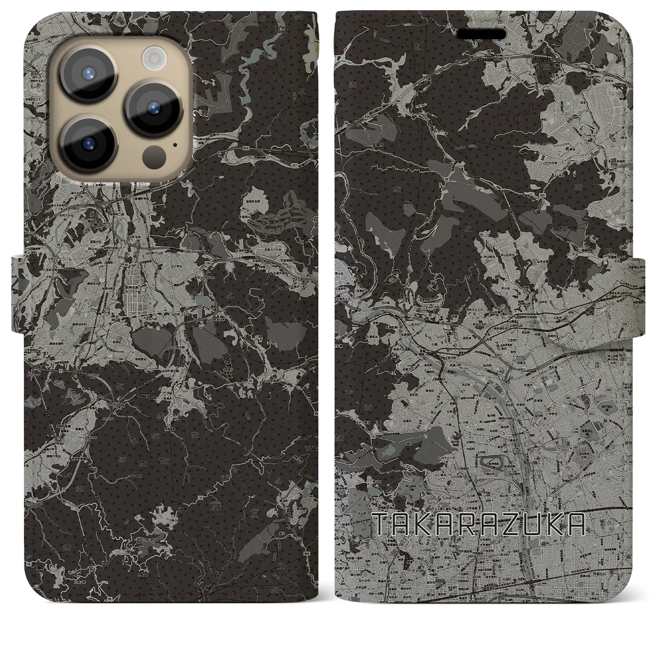 【宝塚(兵庫県)】地図柄iPhoneケース(手帳タイプ)モノトーン・iPhone 14 Pro Max 用