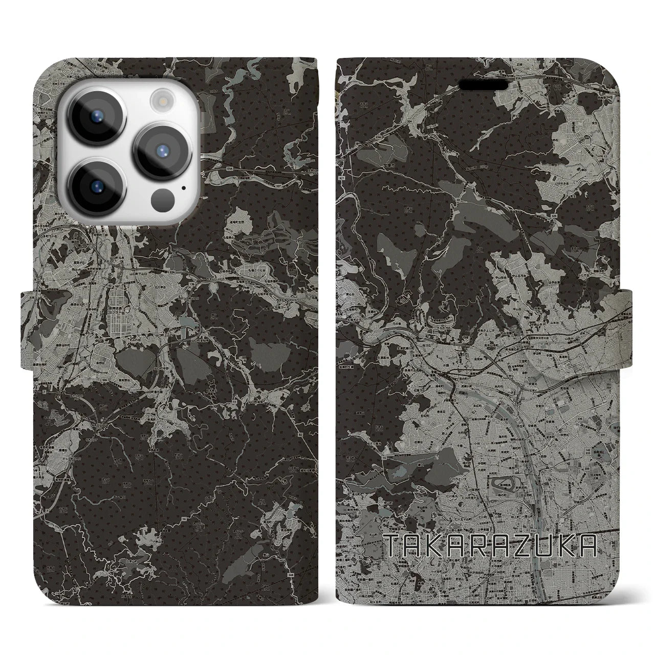 【宝塚(兵庫県)】地図柄iPhoneケース(手帳タイプ)モノトーン・iPhone 14 Pro 用