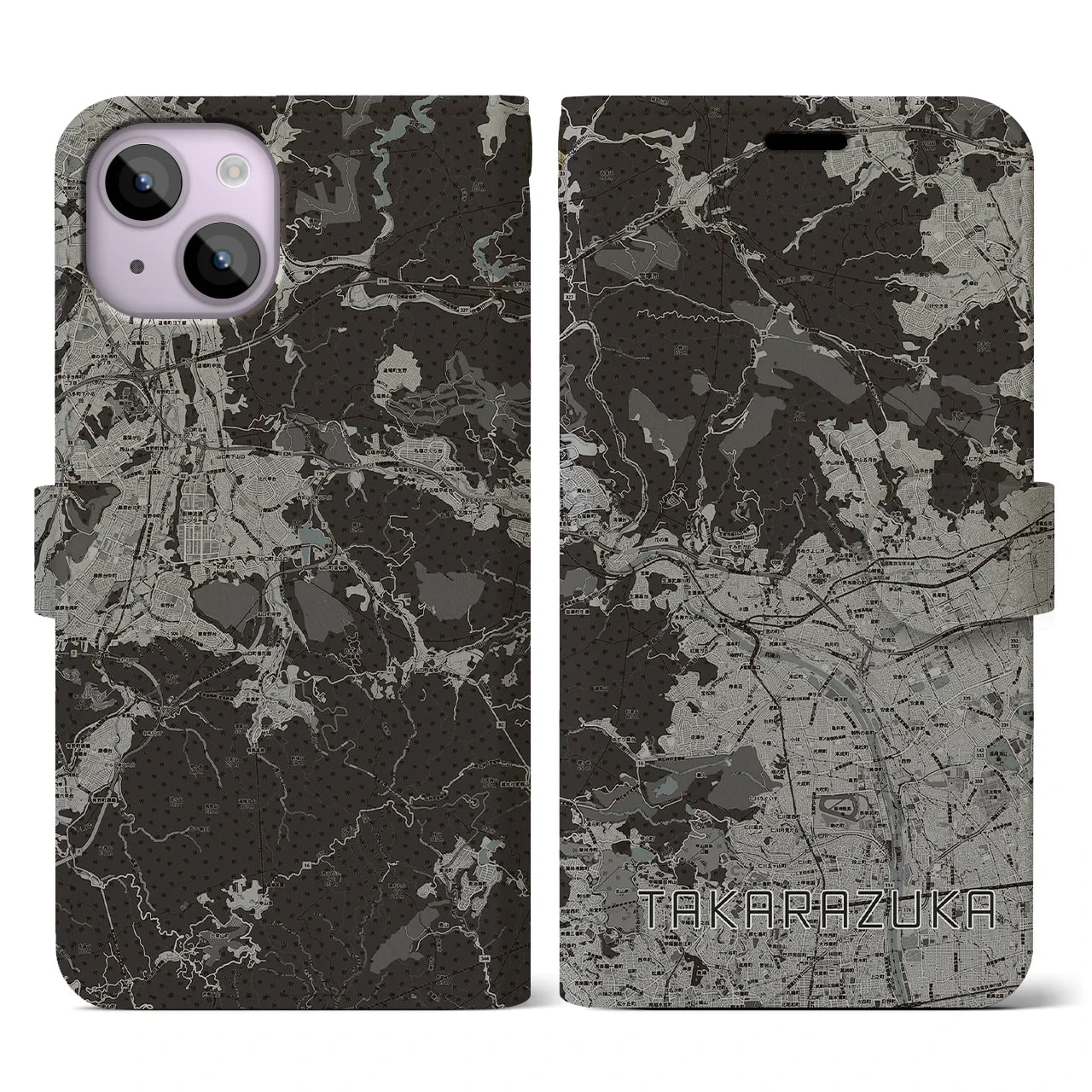 【宝塚(兵庫県)】地図柄iPhoneケース(手帳タイプ)モノトーン・iPhone 14 用
