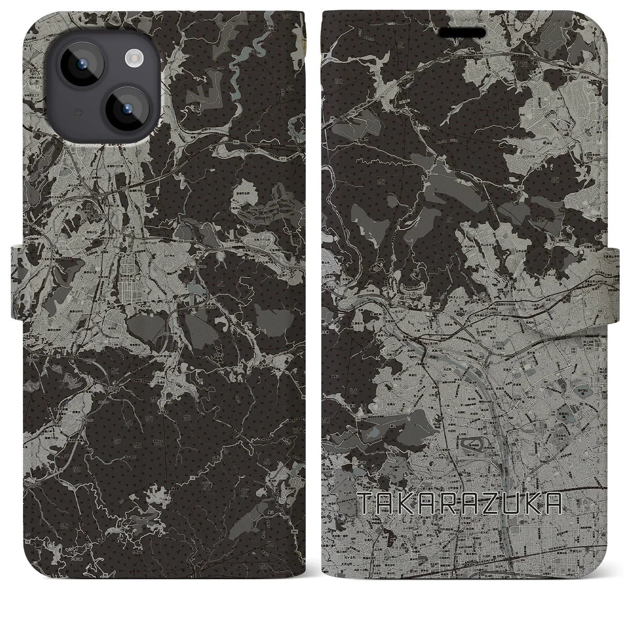 【宝塚(兵庫県)】地図柄iPhoneケース(手帳タイプ)モノトーン・iPhone 14 Plus 用