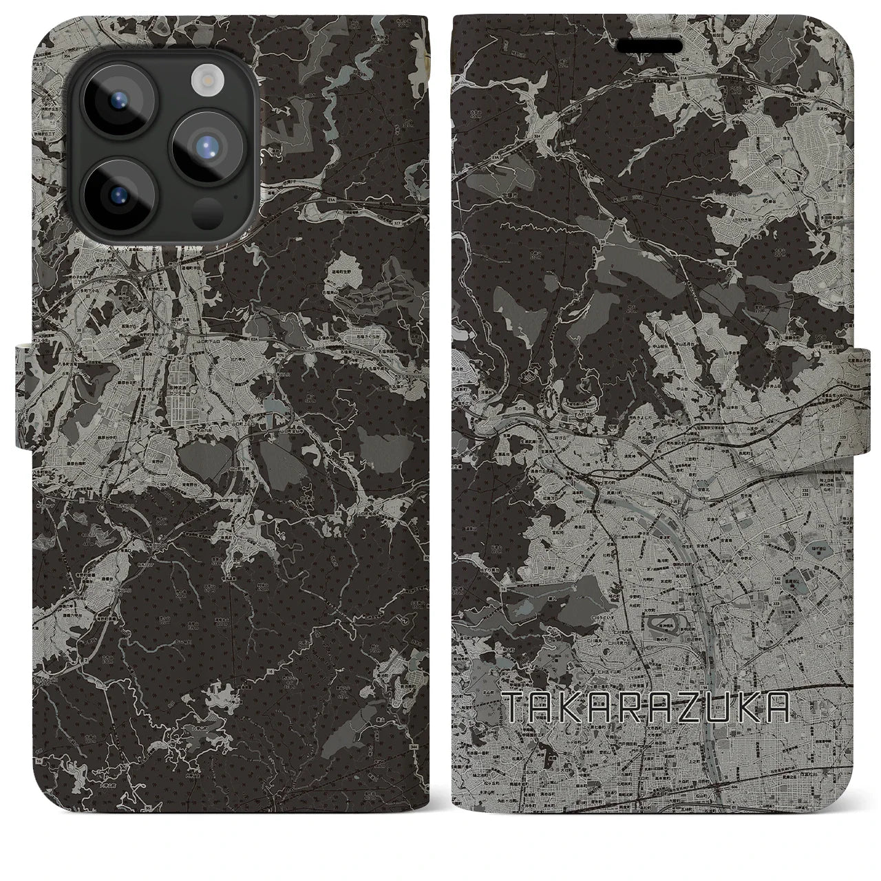 【宝塚(兵庫県)】地図柄iPhoneケース(手帳タイプ)モノトーン・iPhone 15 Pro Max 用