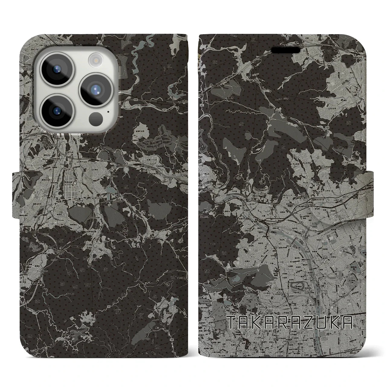 【宝塚(兵庫県)】地図柄iPhoneケース(手帳タイプ)モノトーン・iPhone 15 Pro 用