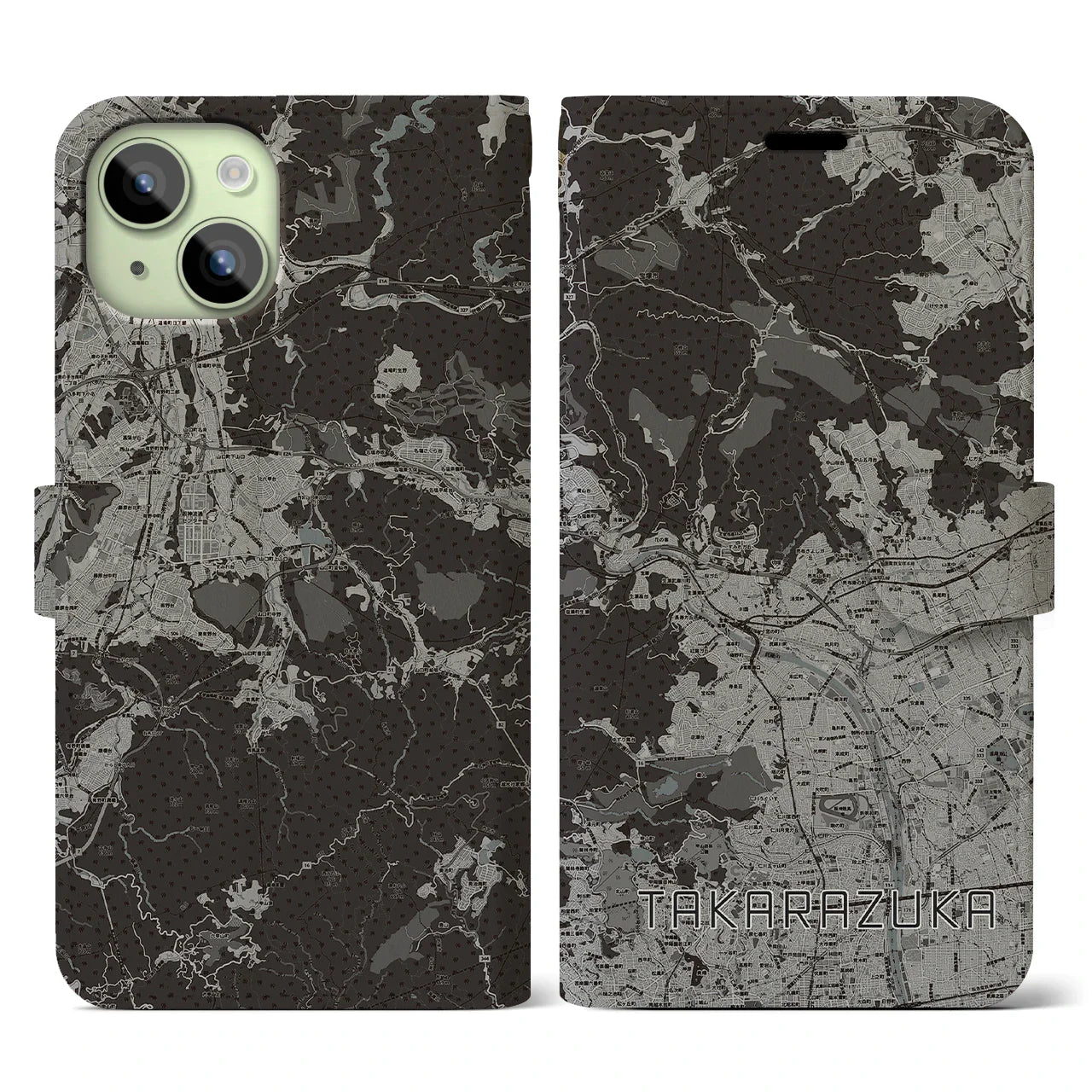 【宝塚(兵庫県)】地図柄iPhoneケース(手帳タイプ)モノトーン・iPhone 15 用