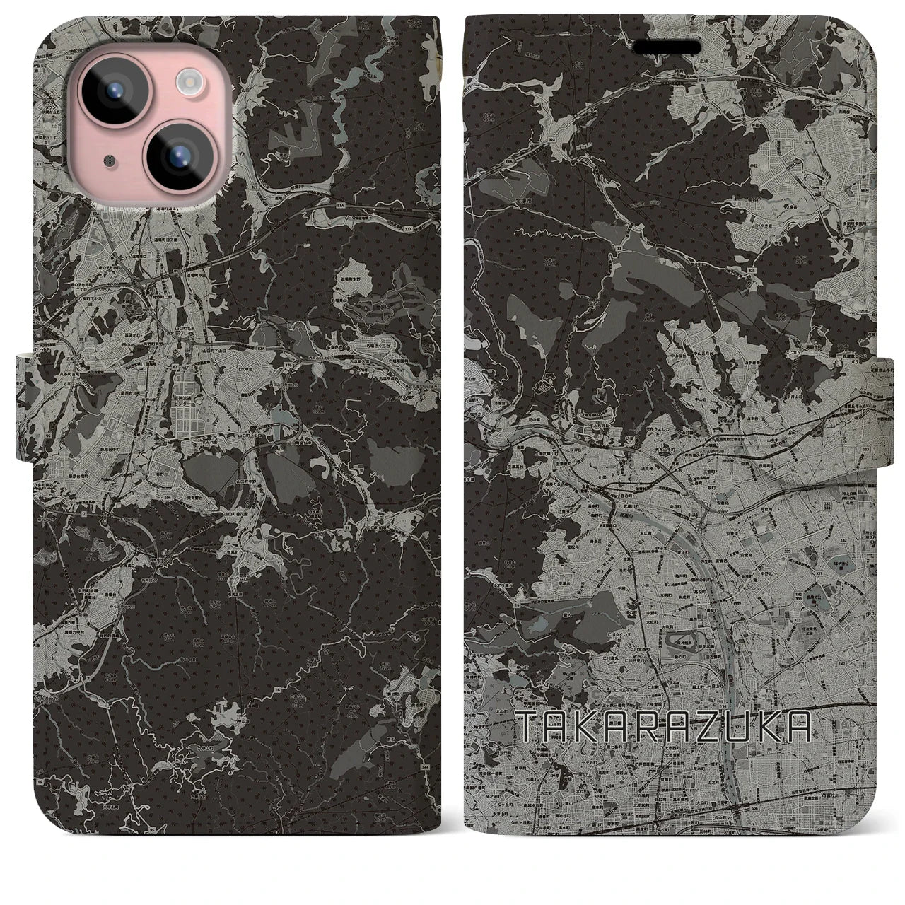 【宝塚(兵庫県)】地図柄iPhoneケース(手帳タイプ)モノトーン・iPhone 15 Plus 用