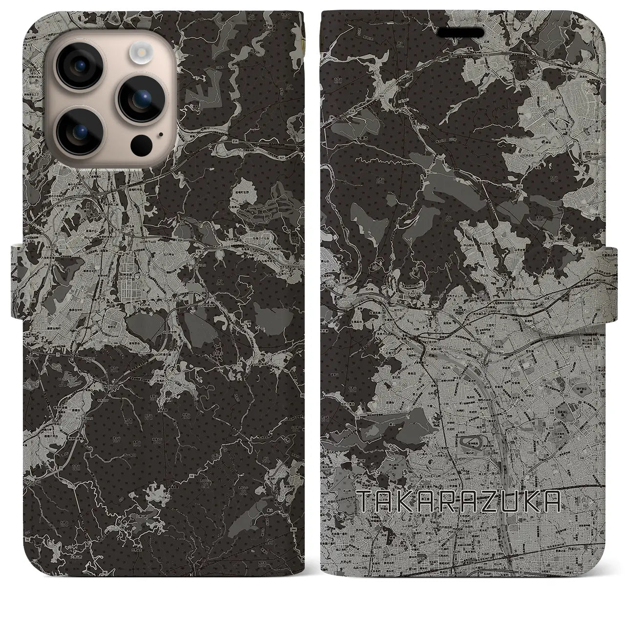 【宝塚(兵庫県)】地図柄iPhoneケース(手帳タイプ)モノトーン・iPhone 16 Plus 用