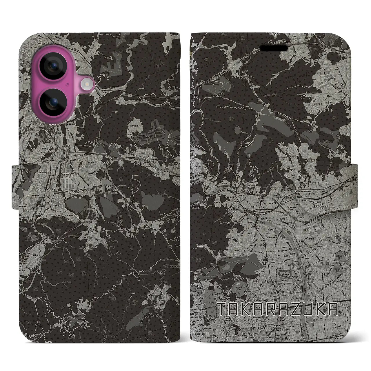 【宝塚(兵庫県)】地図柄iPhoneケース(手帳タイプ)モノトーン・iPhone 16 Pro 用