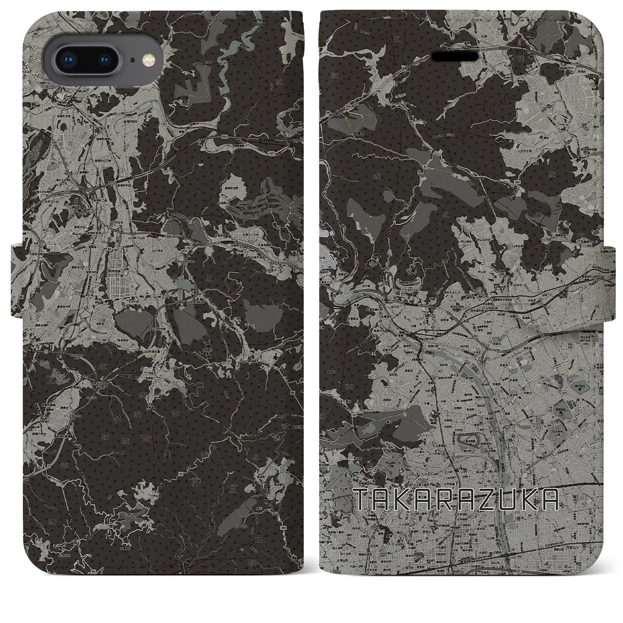【宝塚(兵庫県)】地図柄iPhoneケース(手帳タイプ)モノトーン・iPhone 8Plus /7Plus / 6sPlus / 6Plus 用