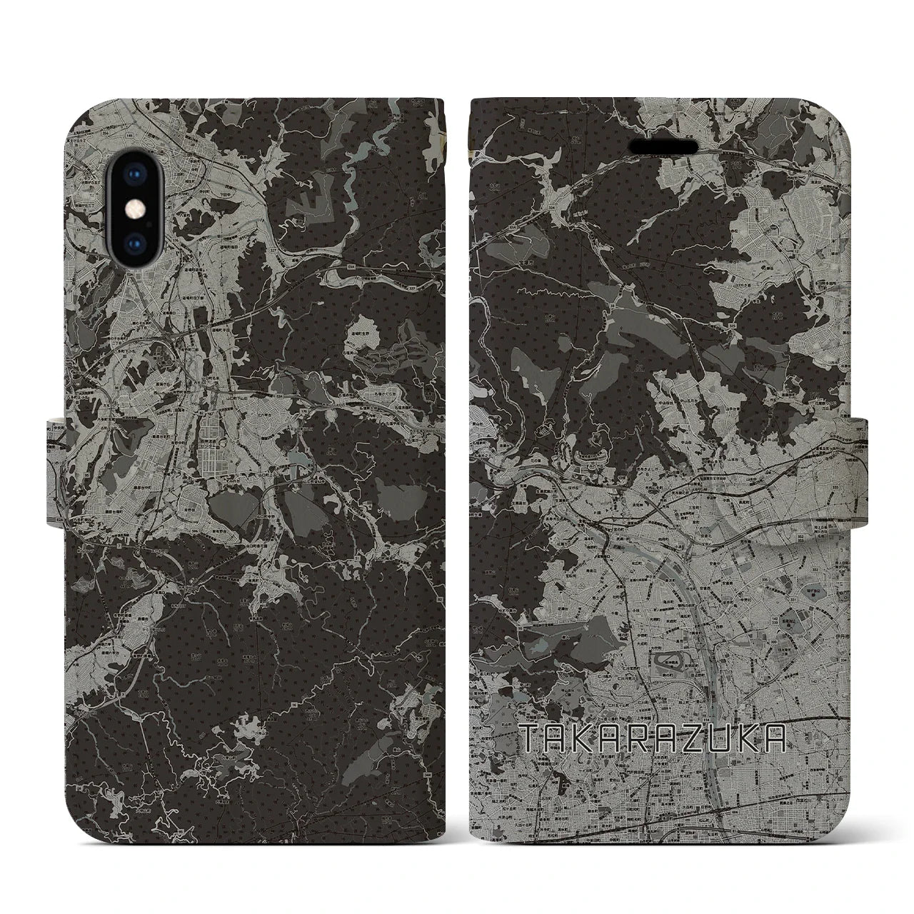 【宝塚(兵庫県)】地図柄iPhoneケース(手帳タイプ)モノトーン・iPhone XS / X 用