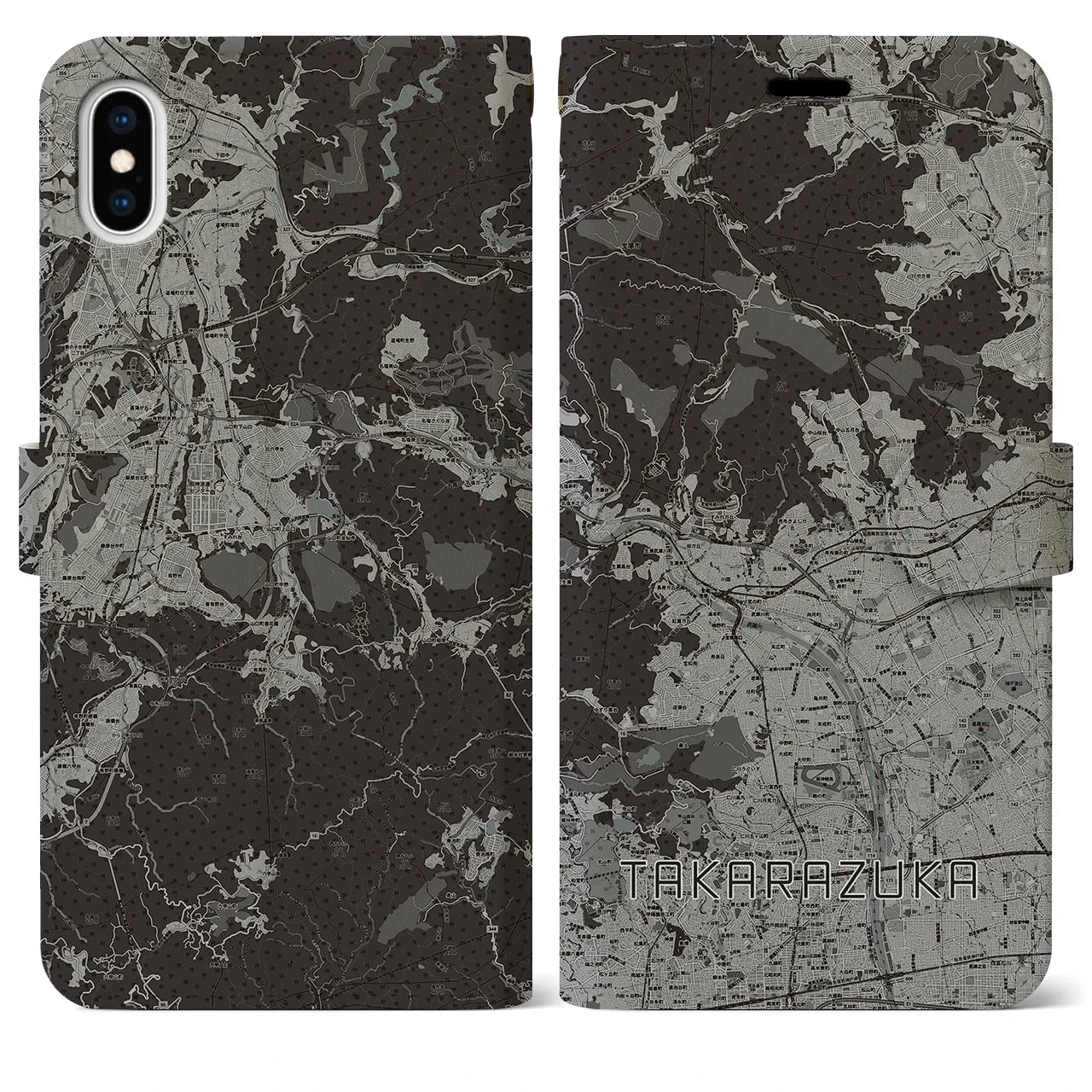 【宝塚(兵庫県)】地図柄iPhoneケース(手帳タイプ)モノトーン・iPhone XS Max 用