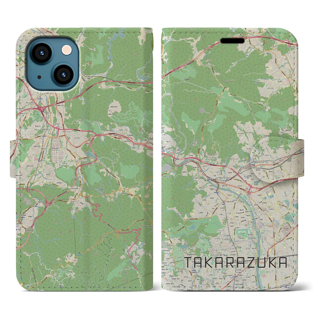 【宝塚(兵庫県)】地図柄iPhoneケース(手帳タイプ)ナチュラル・iPhone 13 用