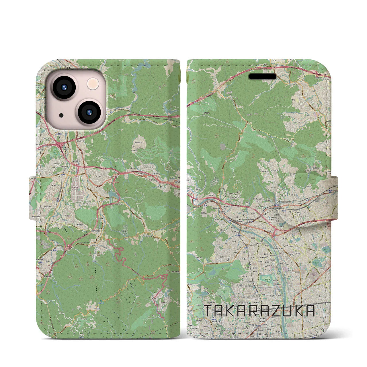 【宝塚(兵庫県)】地図柄iPhoneケース(手帳タイプ)ナチュラル・iPhone 13 mini 用